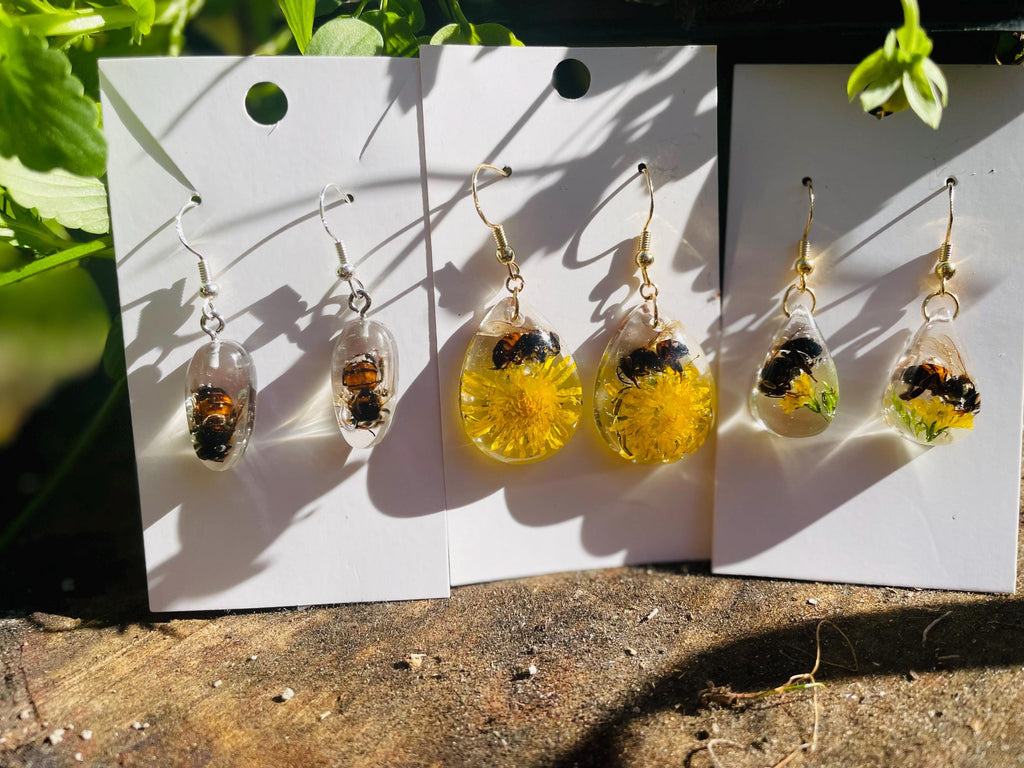 Real Bee Mens Dangle Earrings Resin: Minimalist Insect Jewelry Gift for him Ethically Preserved