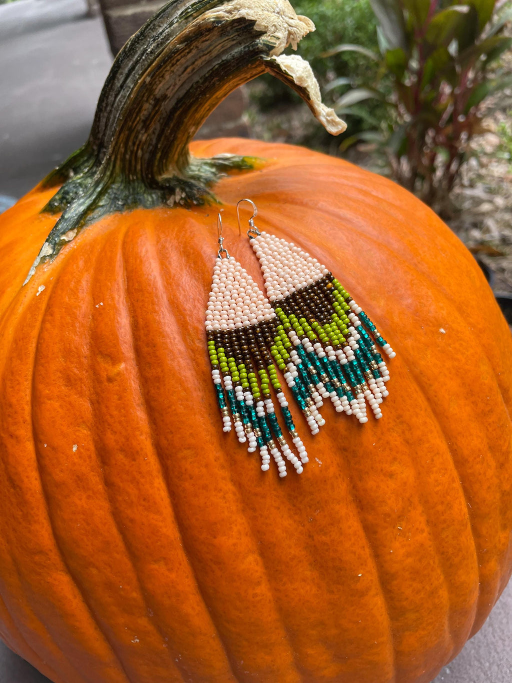 Earthy Seed Bead Fringe Earrings: Handmade Fall Jewelry Emerald Green Olive tassel