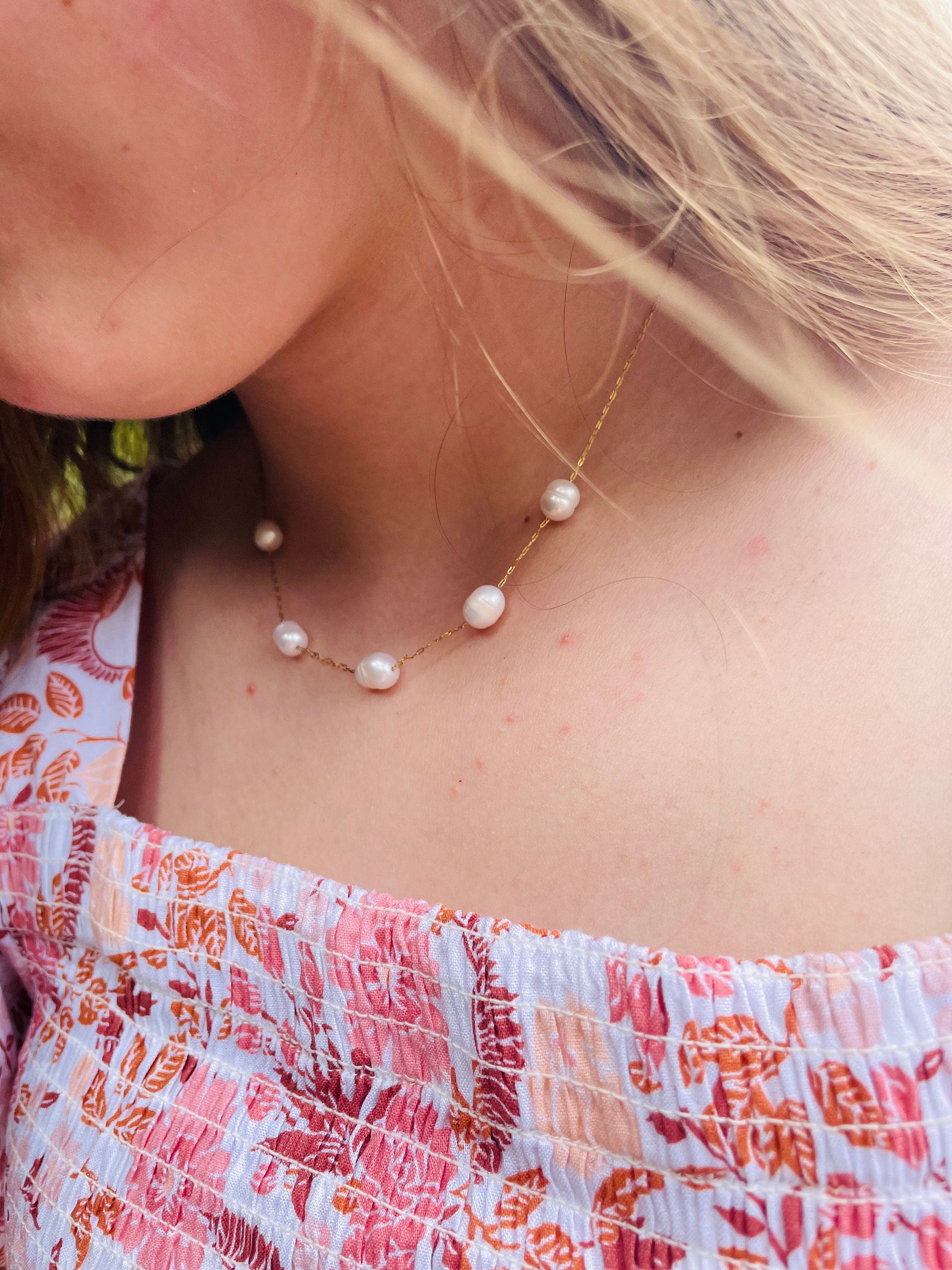 Beaded 8-10 mm Baroque Pearl Station Necklace Bridesmaids Gifts Dainty Chain Layering Necklace Birthday Gift for Her Mom wife Bridal Jewelry