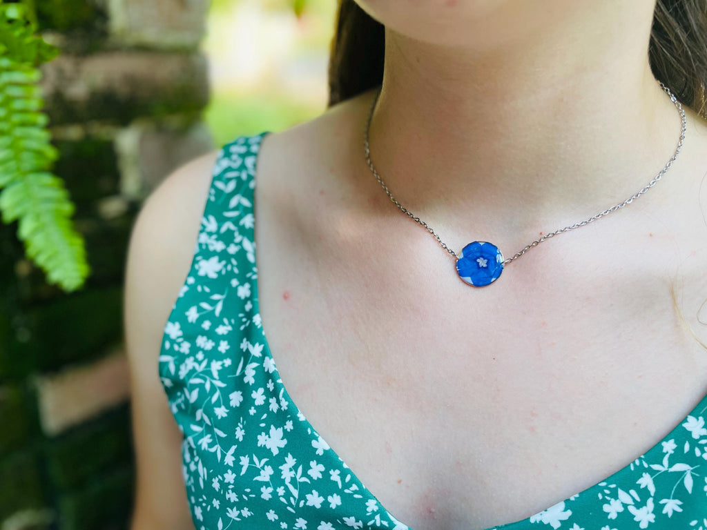Dainty Forget-Me-Not Necklace: Real Flower Resin Jewelry, September Birth Month