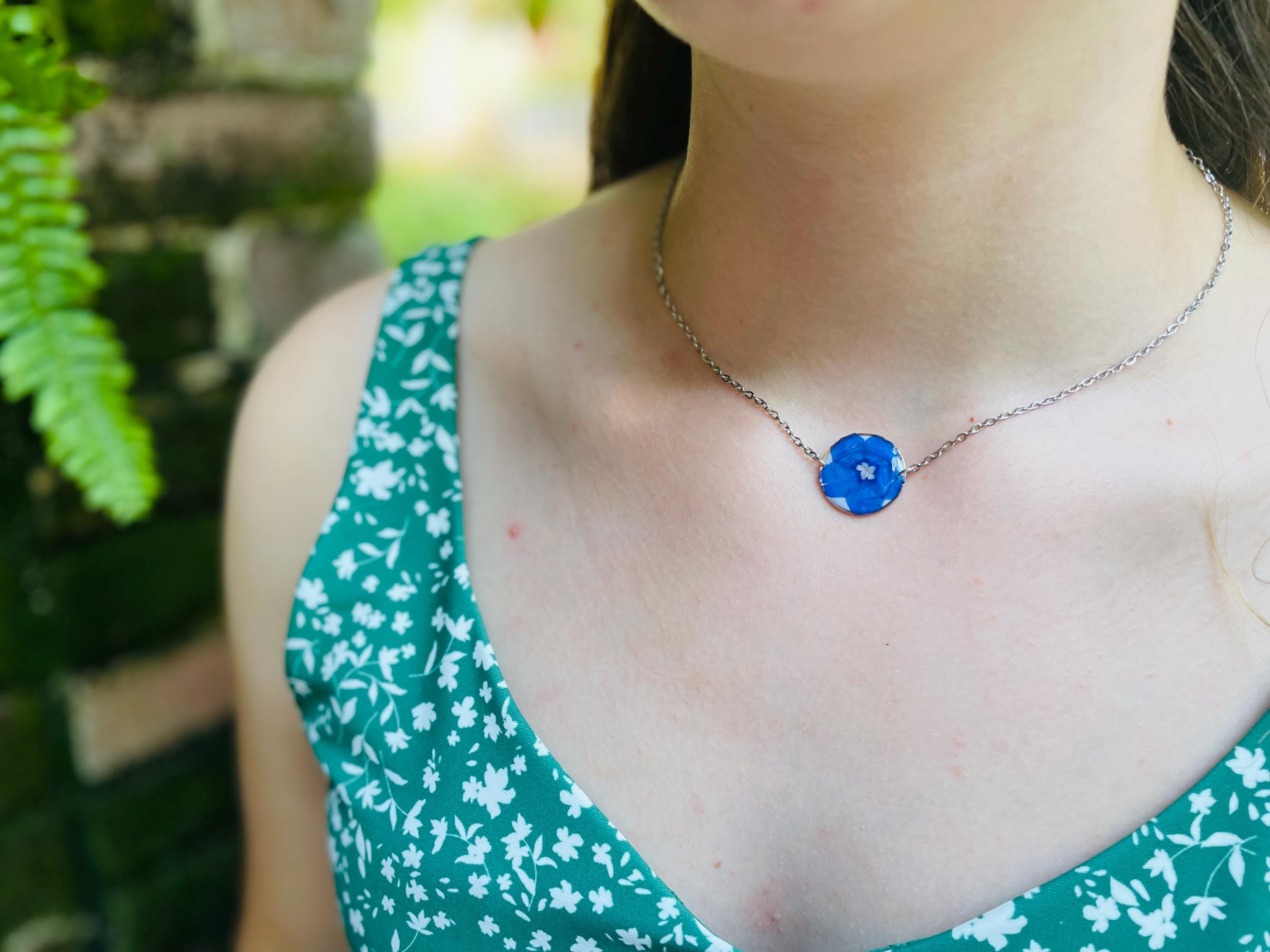 Dainty Forget-Me-Not Necklace: Real Flower Resin Jewelry, September Birth Month