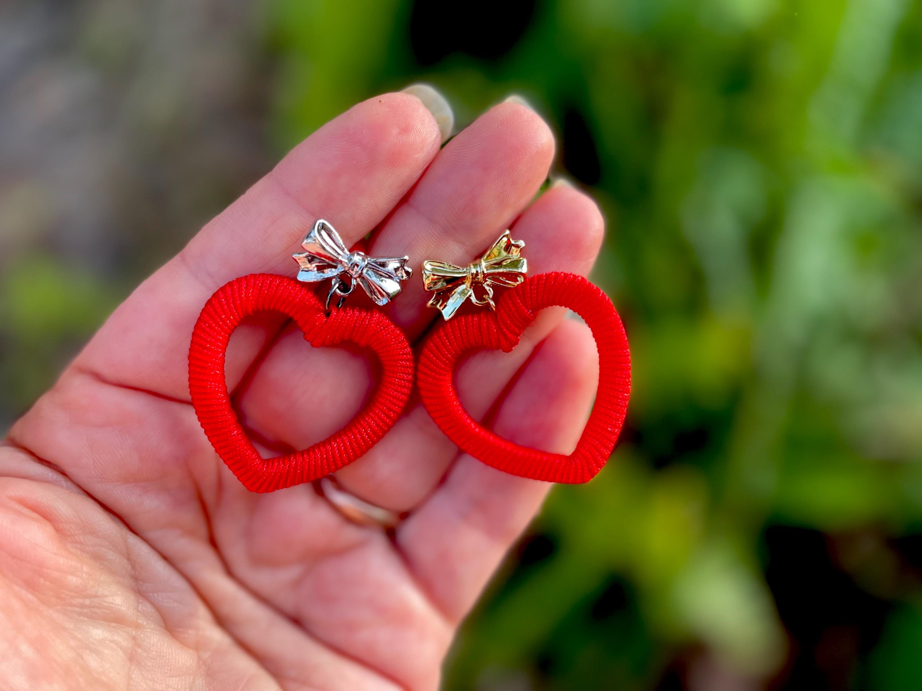 Red Heart Earrings: Silk Wrapped Bow Studs, Romantic Jewelry