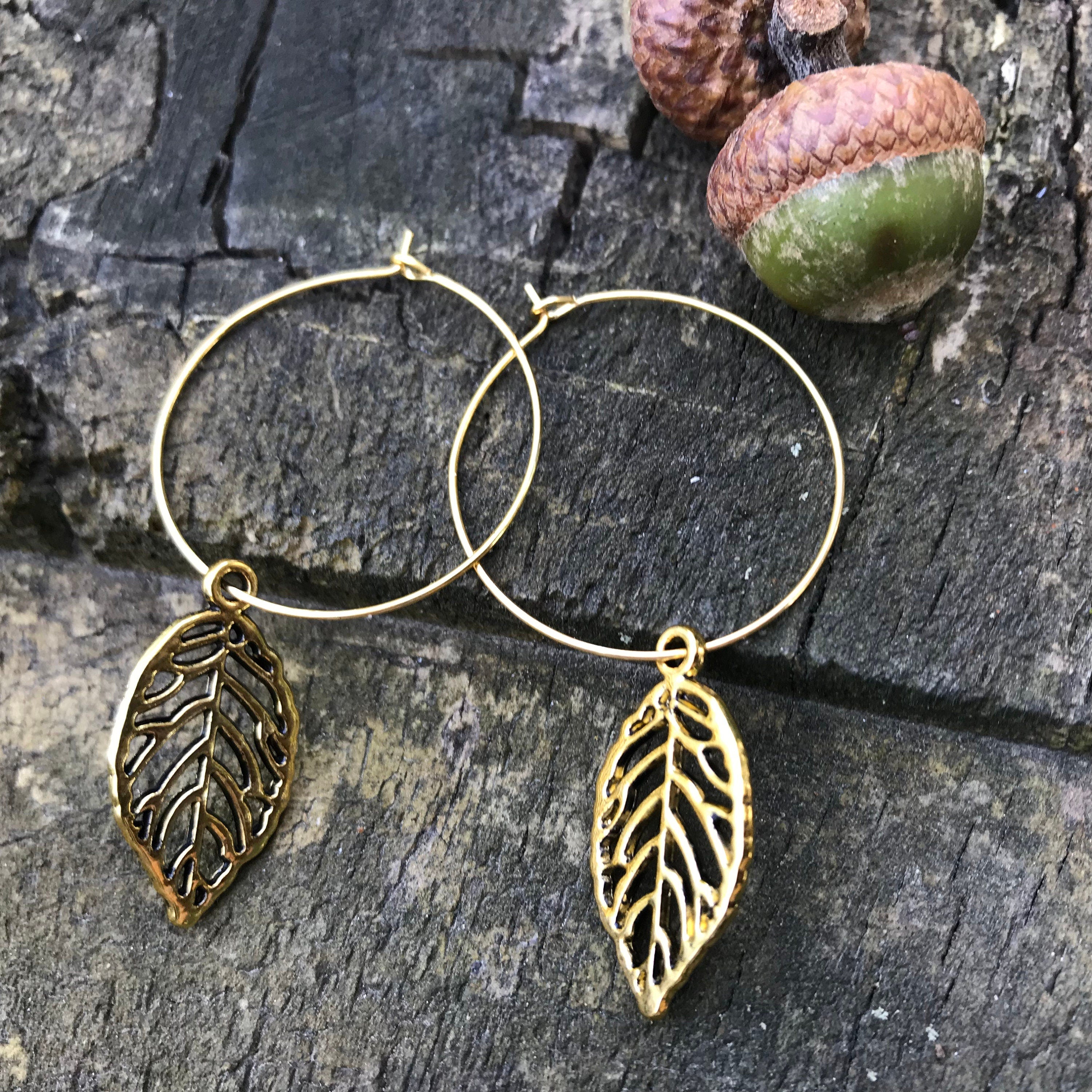 fall earrings gold leaf earrings hoops, woodland jewelry for bridesmaid, autumn accessory for girlfriend, fall present women rustic wedding