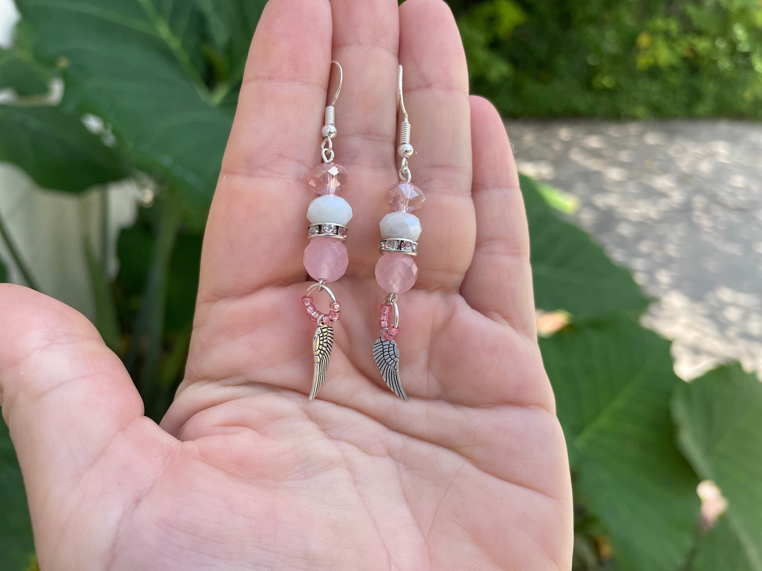 October Birthstone Rose Quartz Angel Wing Dangle Earrings: Pink Sterling Silver Bridal jewelry Libra gifts