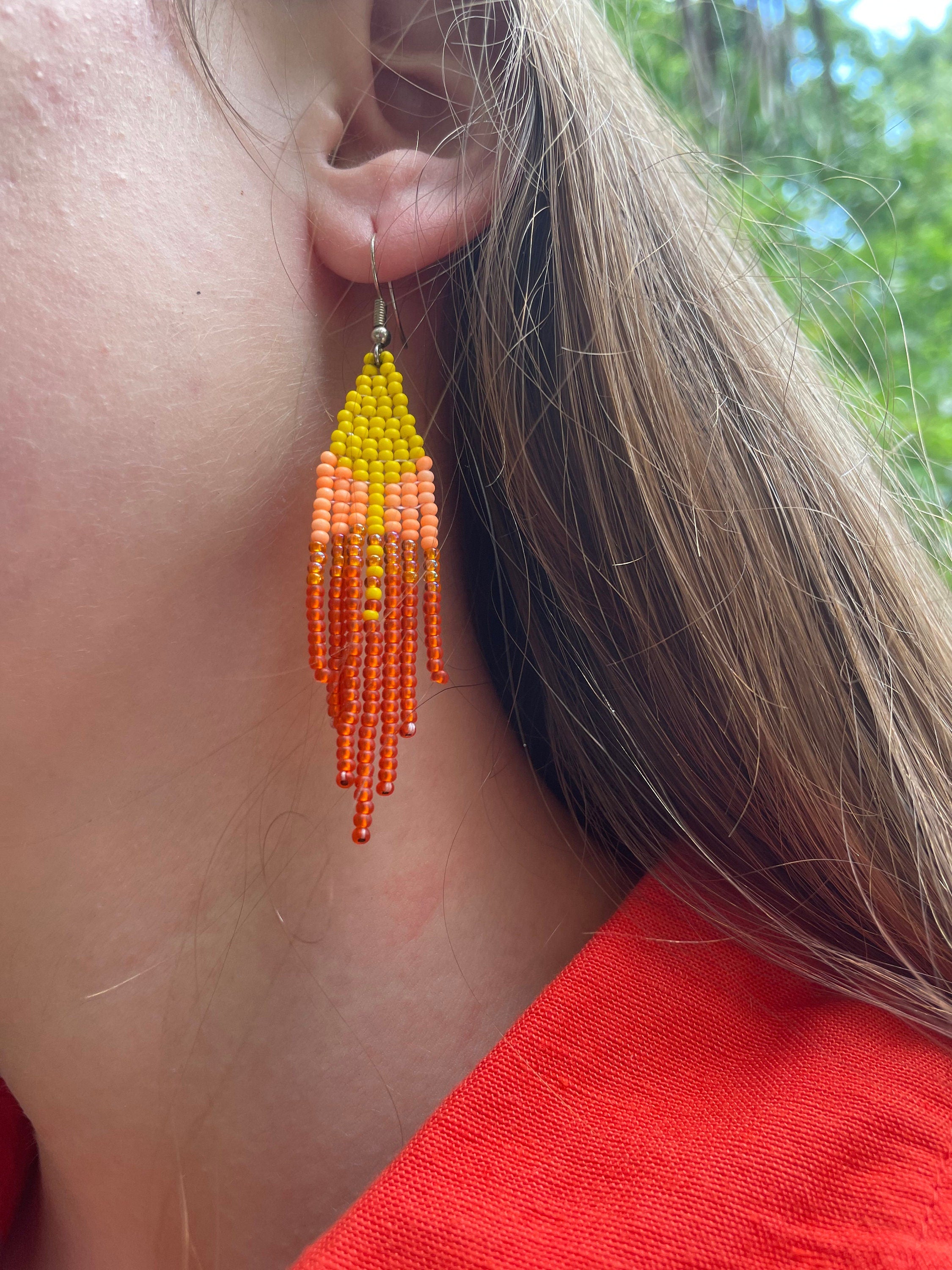 Handmade Ombre Seed Bead Fringe Earrings: Boho Dangle Jewelry