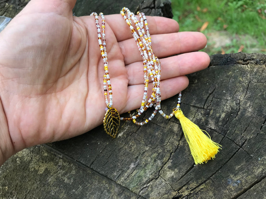 yellow brown beaded wrap bracelet, Fall accessory for girlfriend ~leaf seed bead bracelet~mini tassel bangle for hippie, seed bead necklace