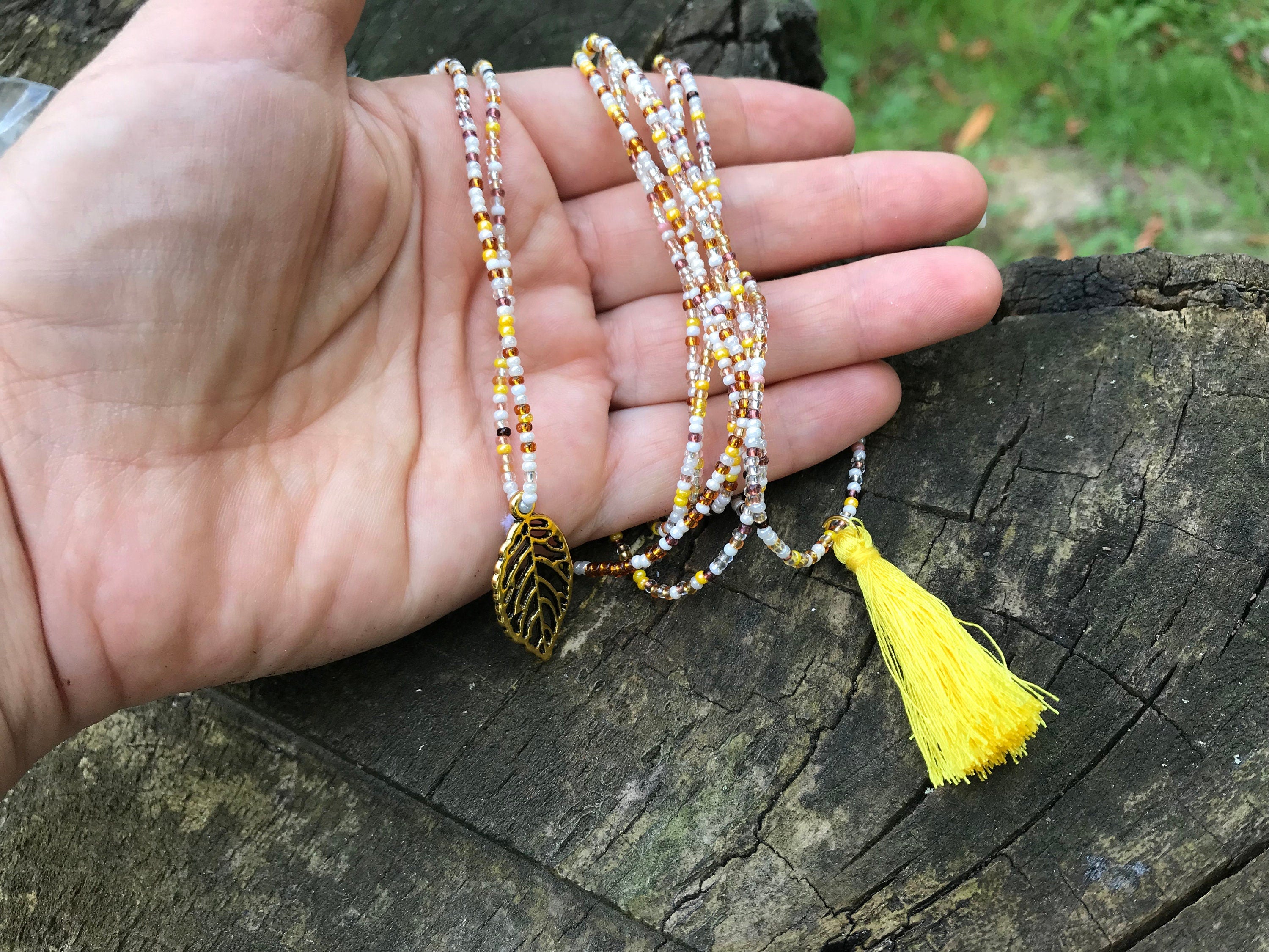 yellow brown beaded wrap bracelet, Fall accessory for girlfriend ~leaf seed bead bracelet~mini tassel bangle for hippie, seed bead necklace