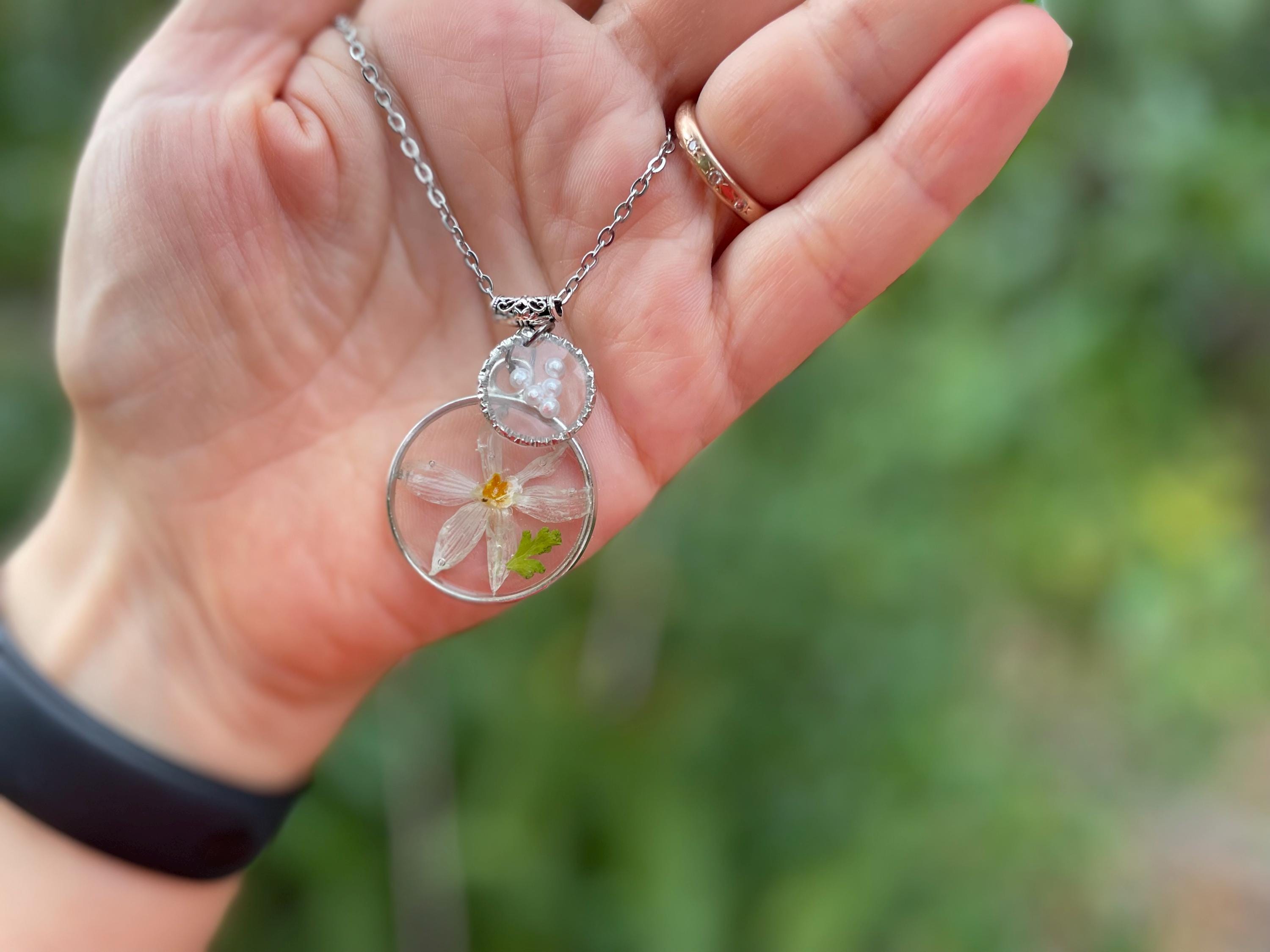 December Birth Flower Necklace: Handmade Narcissus, Personalized Initial, Pearl Resin Pendant
