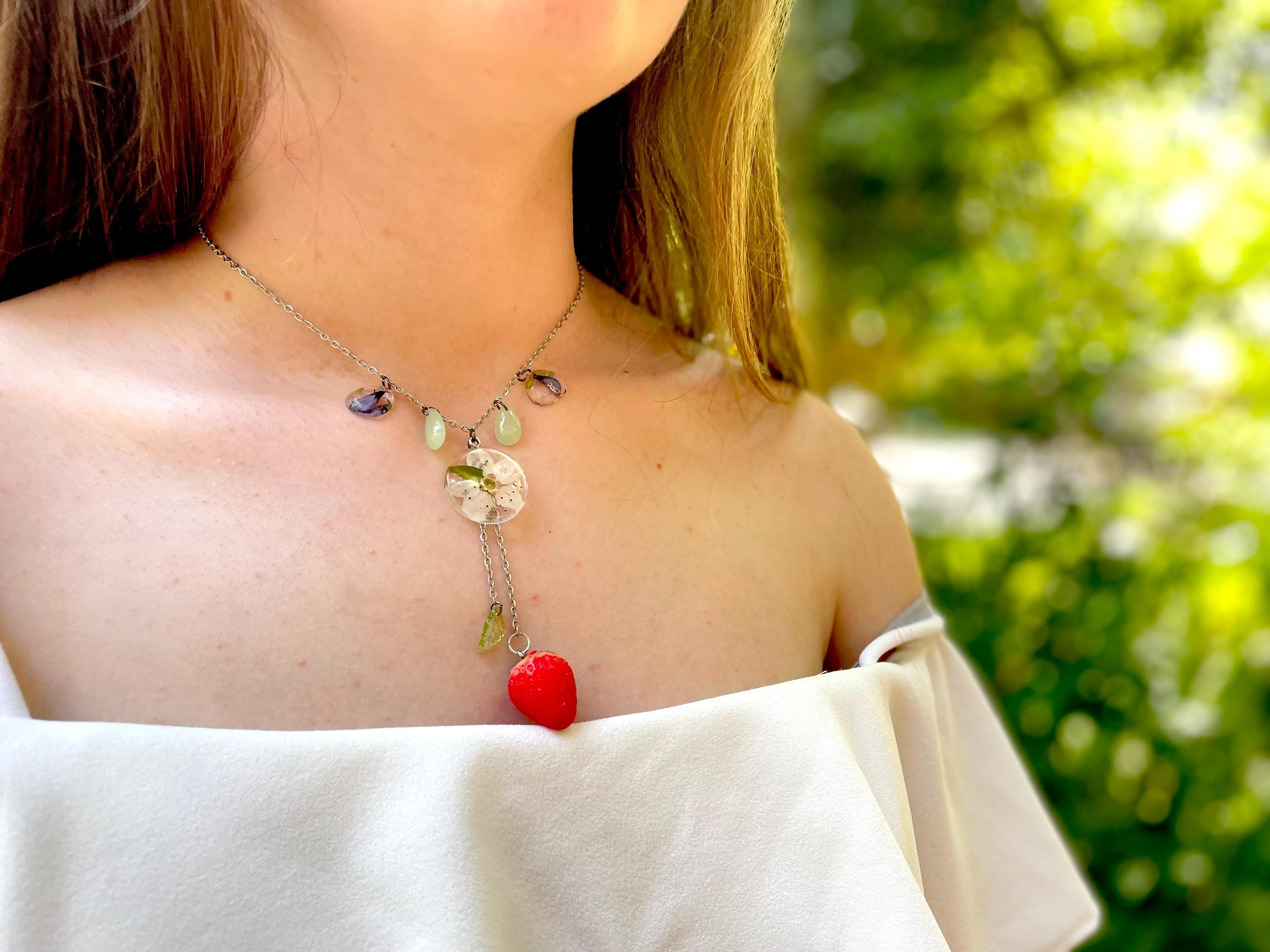 Strawberry necklace Romantic Layered Beaded Fairycore Necklace Cottagecore Fruit lariat necklace Wisteria Pressed Flower Necklace Aventurine