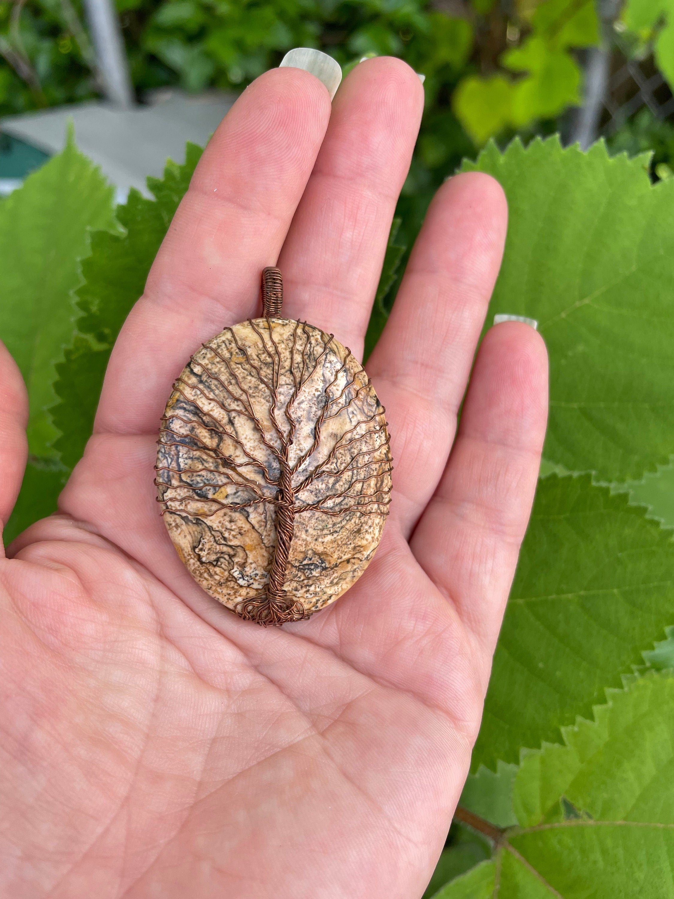 Copper Wire Wrapped Oval Picture Jasper Tree of Life Pendant - Unique Mens Chain Pendant Necklace