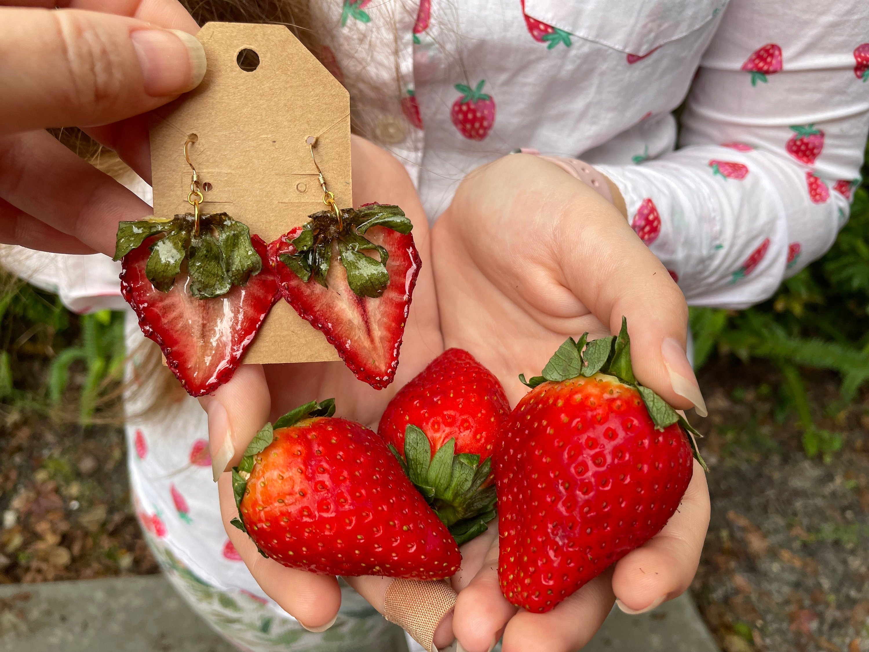 Real Strawberry Earrings Resin: 14K Gold Filled Red Fruit Jewelry for Galentine Day