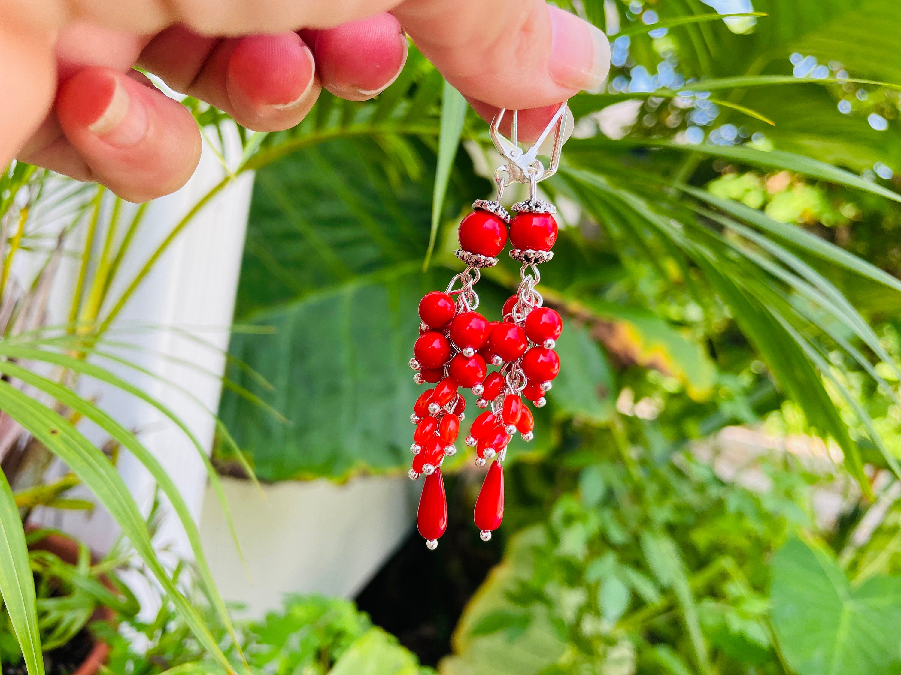 Valentines day Red coral statement earrings gift for women, mom birthday gift gemstone cluster earrings, unique gift for her dangle earrings