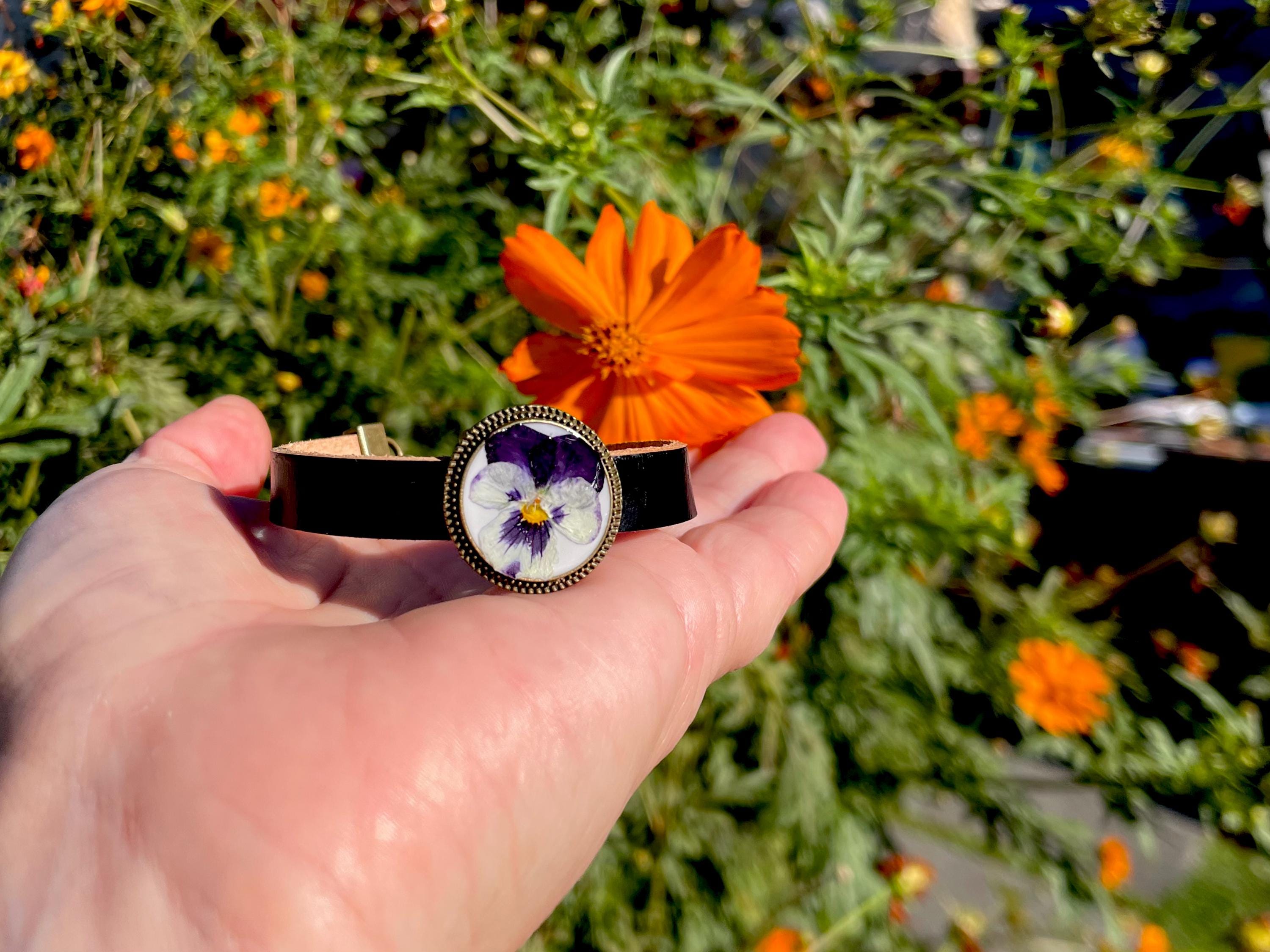 February Violet Bracelet: Handmade Resin Flower Leather Cuff
