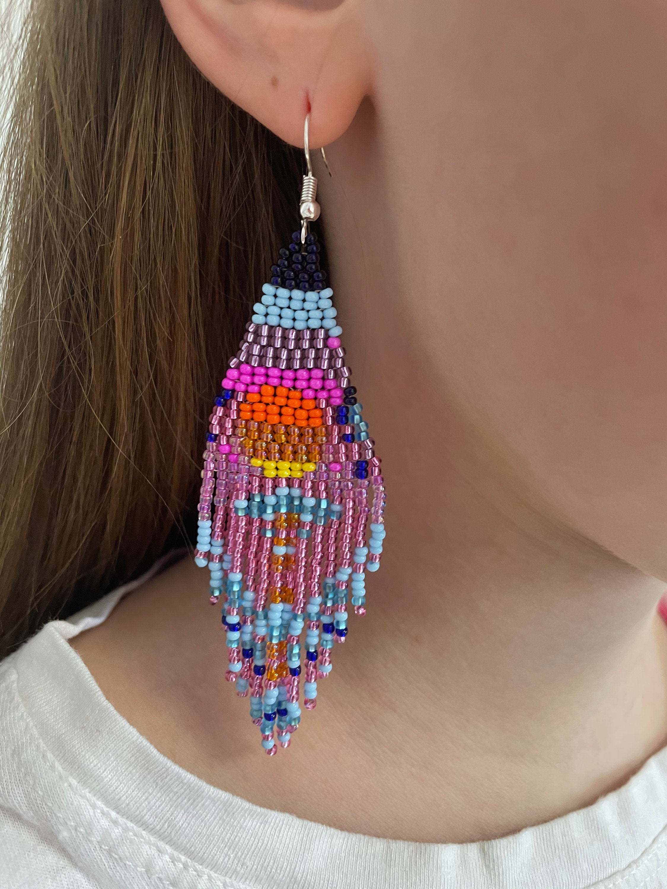 Pink Sunset long fringe Earrings dangle chandelier Seed bead earrings Artistic Beadwork earrings Seed bead Boho earring Sky Landscape Sea