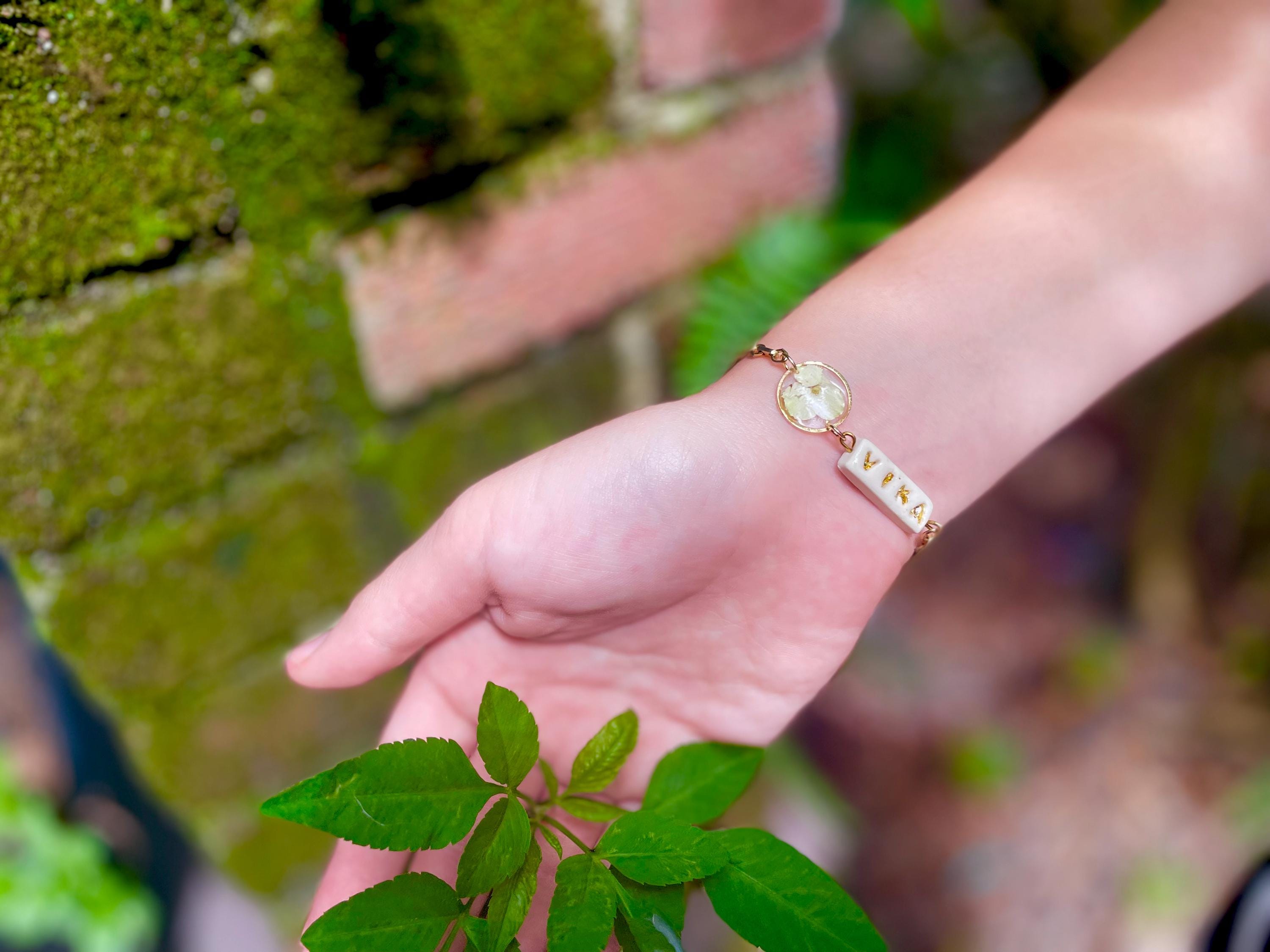 Personalized Name Bracelet: Real Hydrangea Charm, Handmade Porcelain Jewelry