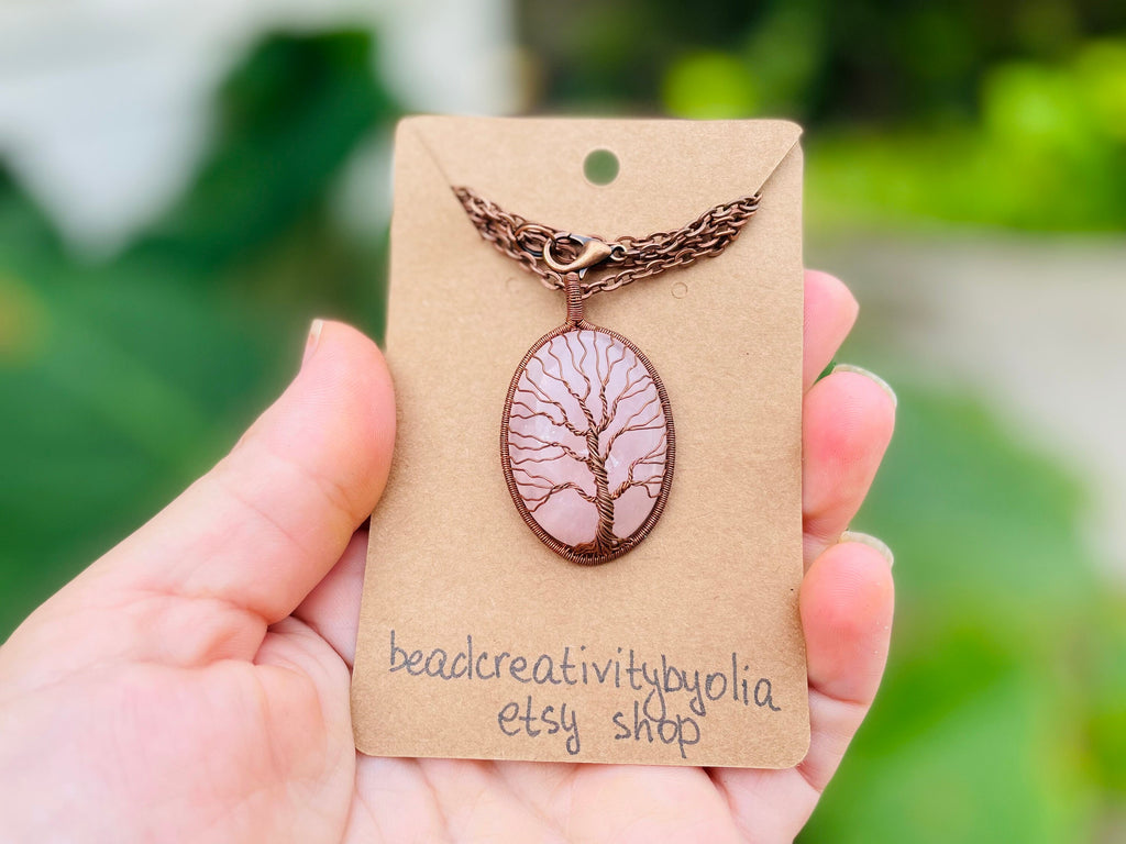 Personalized Rose Quartz Tree of Life Necklace: Copper Wire Wrapped Custom Birth Flower & Initial Pendant