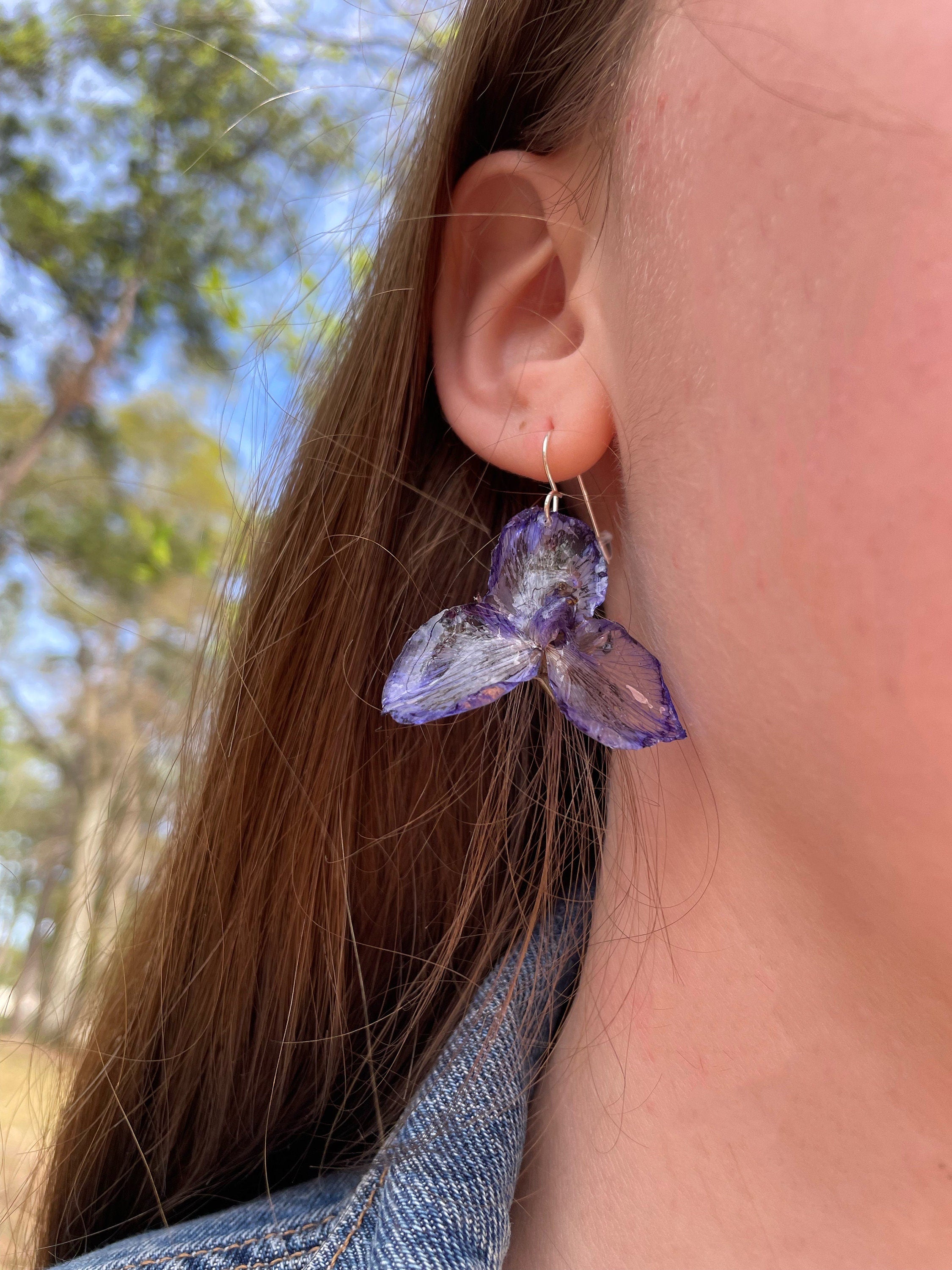 Real Iris Flower Earrings: February Birth Flower, Sterling Silver