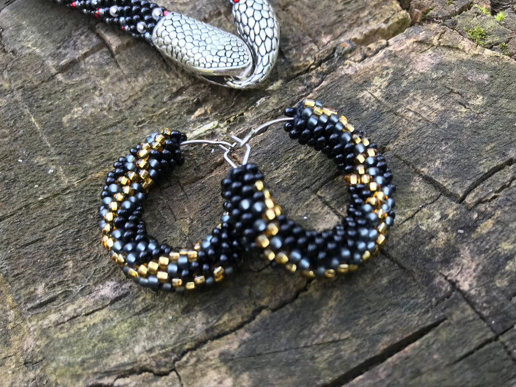 Halloween Snake earrings, black hoop earrings beaded, tribal earrings witch jewelry, modern earrings women, gothic crochet earrings handmade