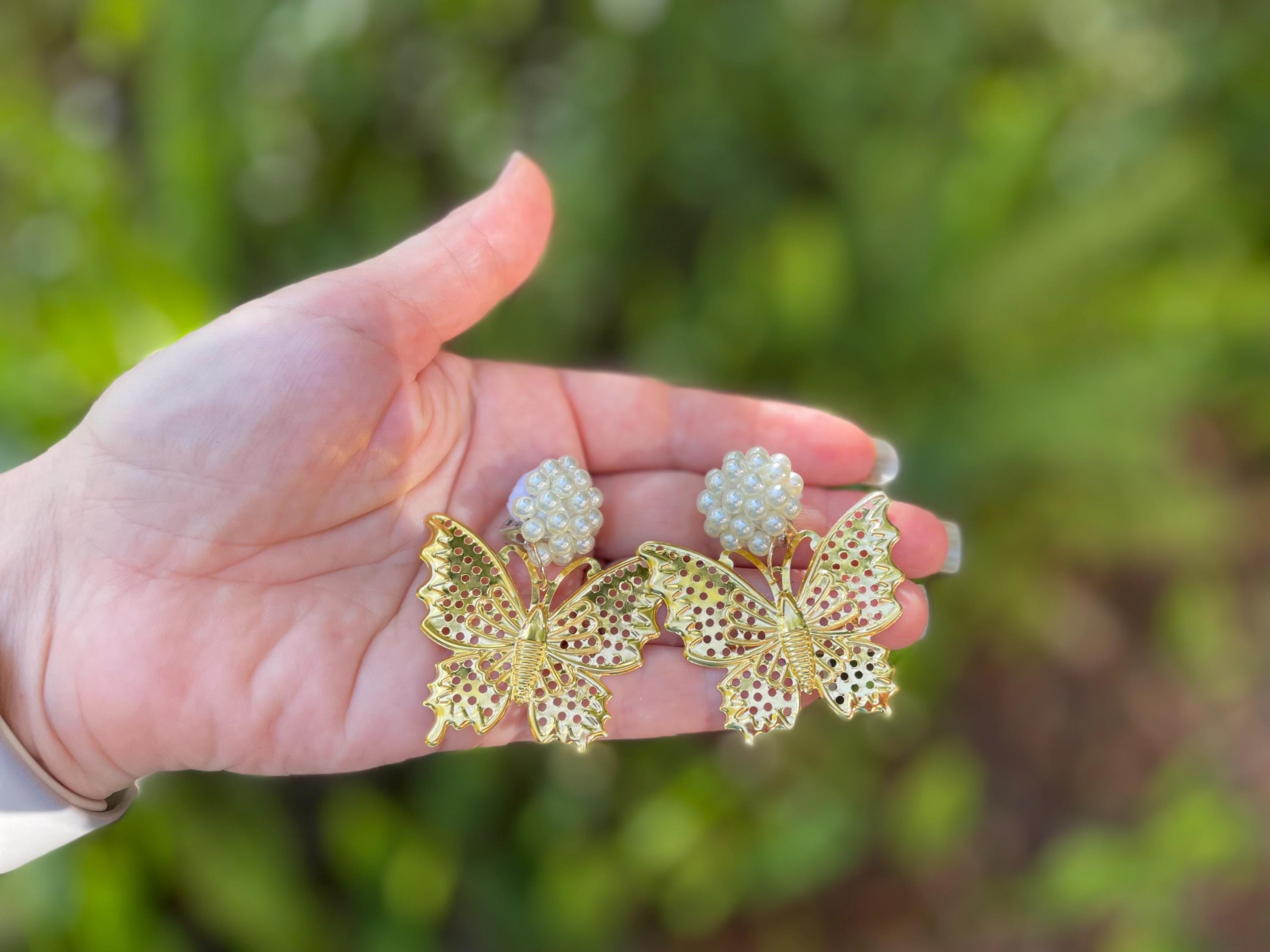 14k Gold Butterfly Clip On Earrings: Pearl Filigree Dangle