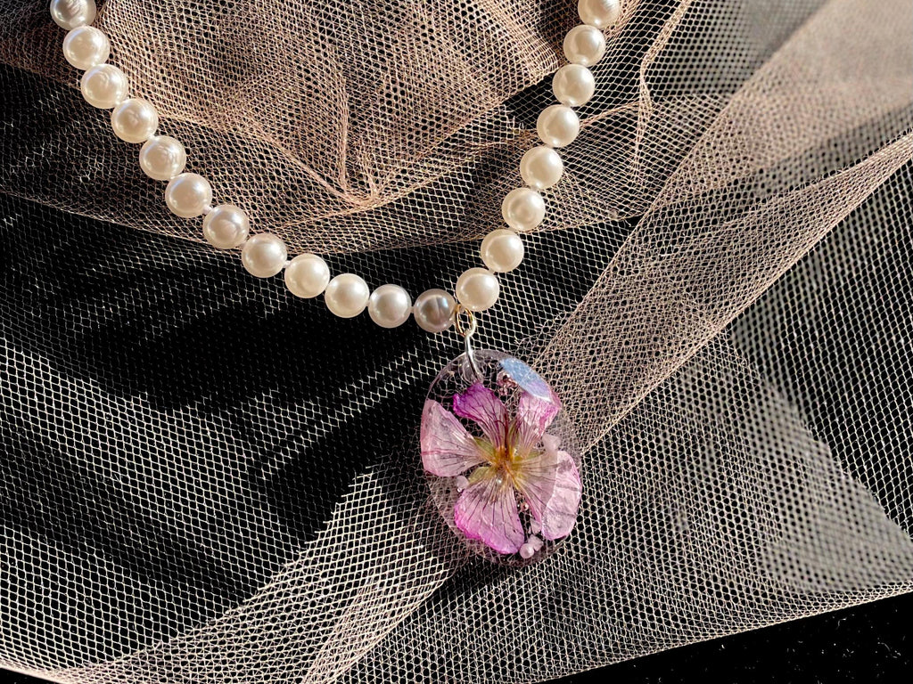 March Birth Flower Pearl Necklace: Cherry Blossom Rose Quartz Pendant