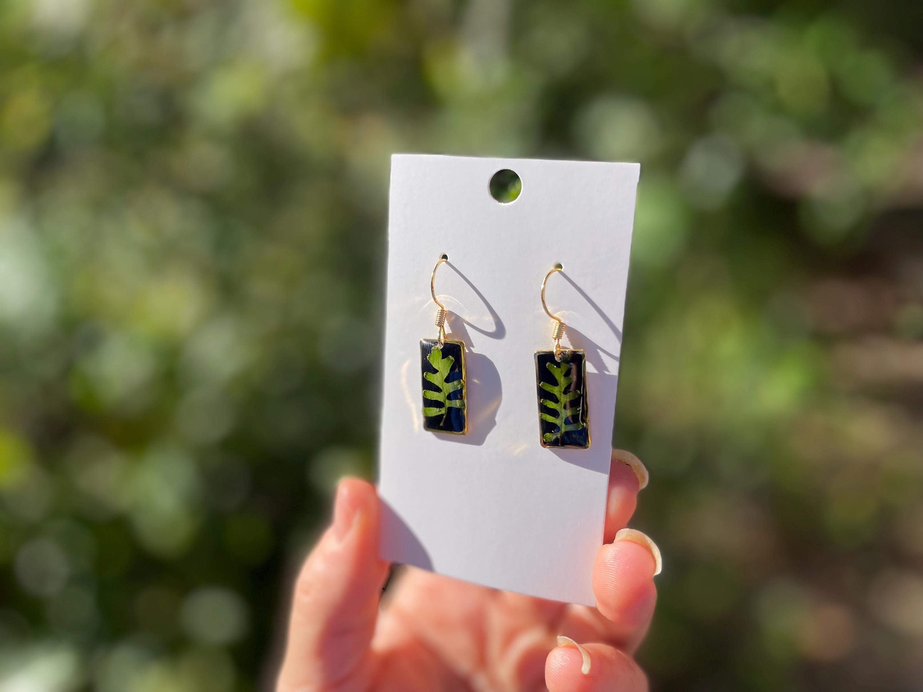 Black Rectangular Resin Fern Dangle Earrings: Gold Nature Inspired Plant Jewelry