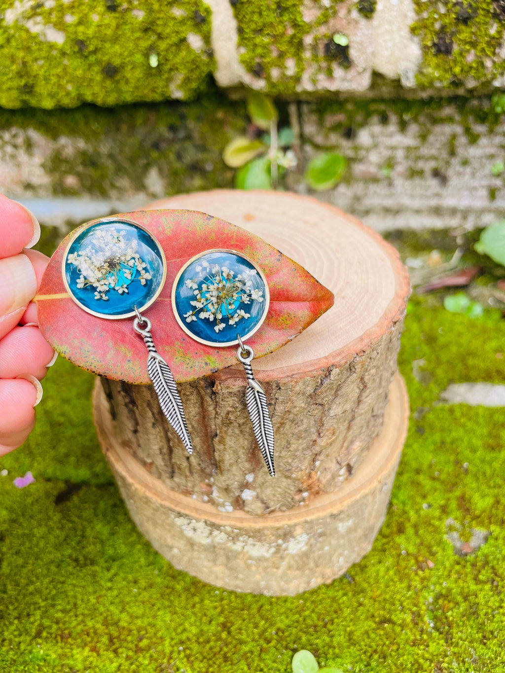 Patina Blue Resin Stud Earrings: Real Pressed Flower and Turquoise Feather jewelry