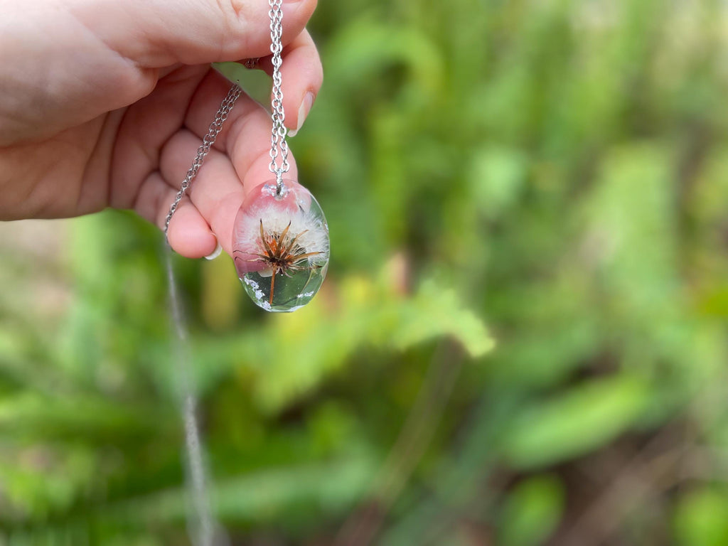 Custom Birthstone Dandelion Necklace: Resin Boho March Birth Month Flower Jewelry