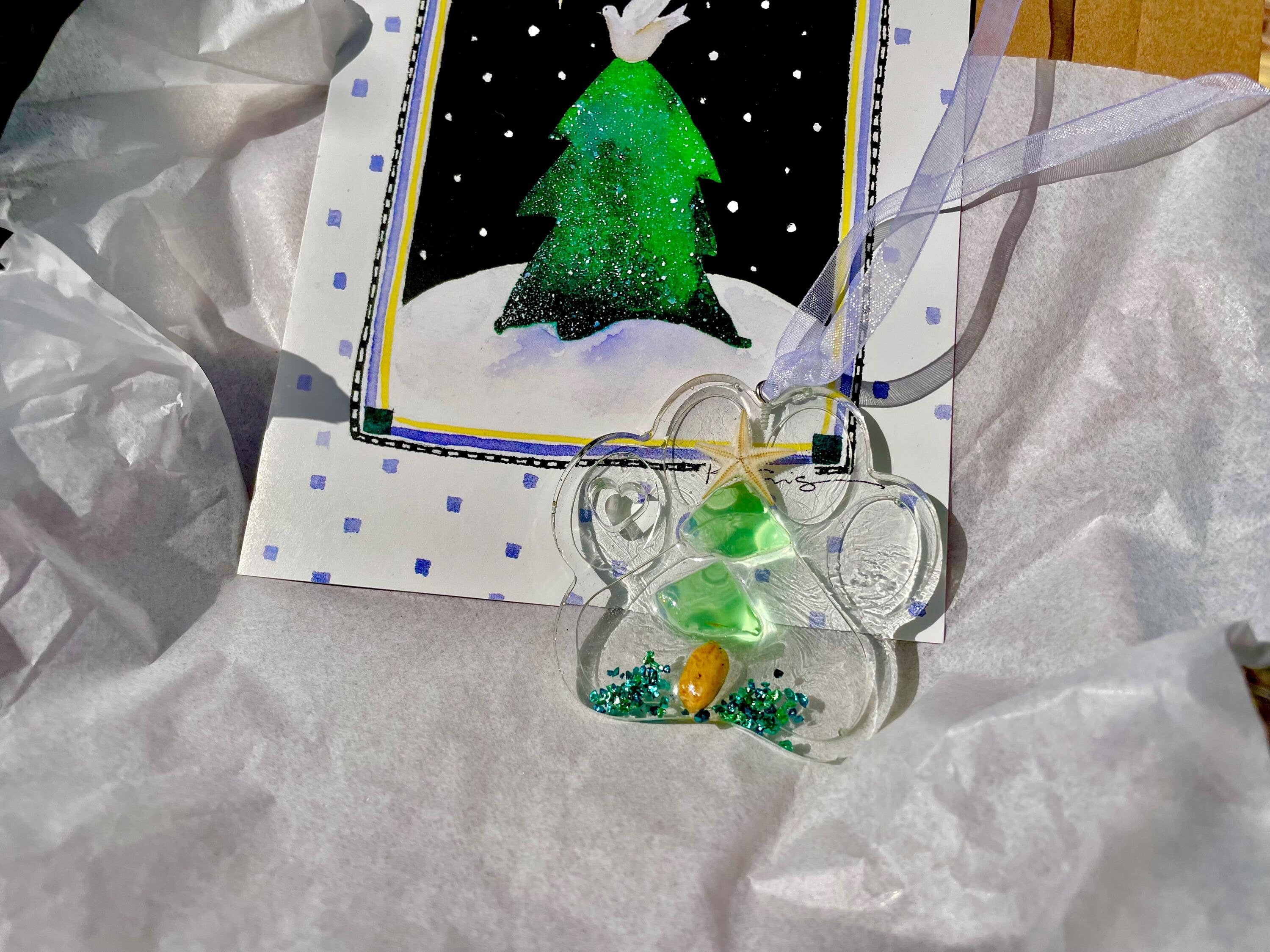 Personalized Sea Glass Dog Paw Ornament: Custom Pet Memorial Gift