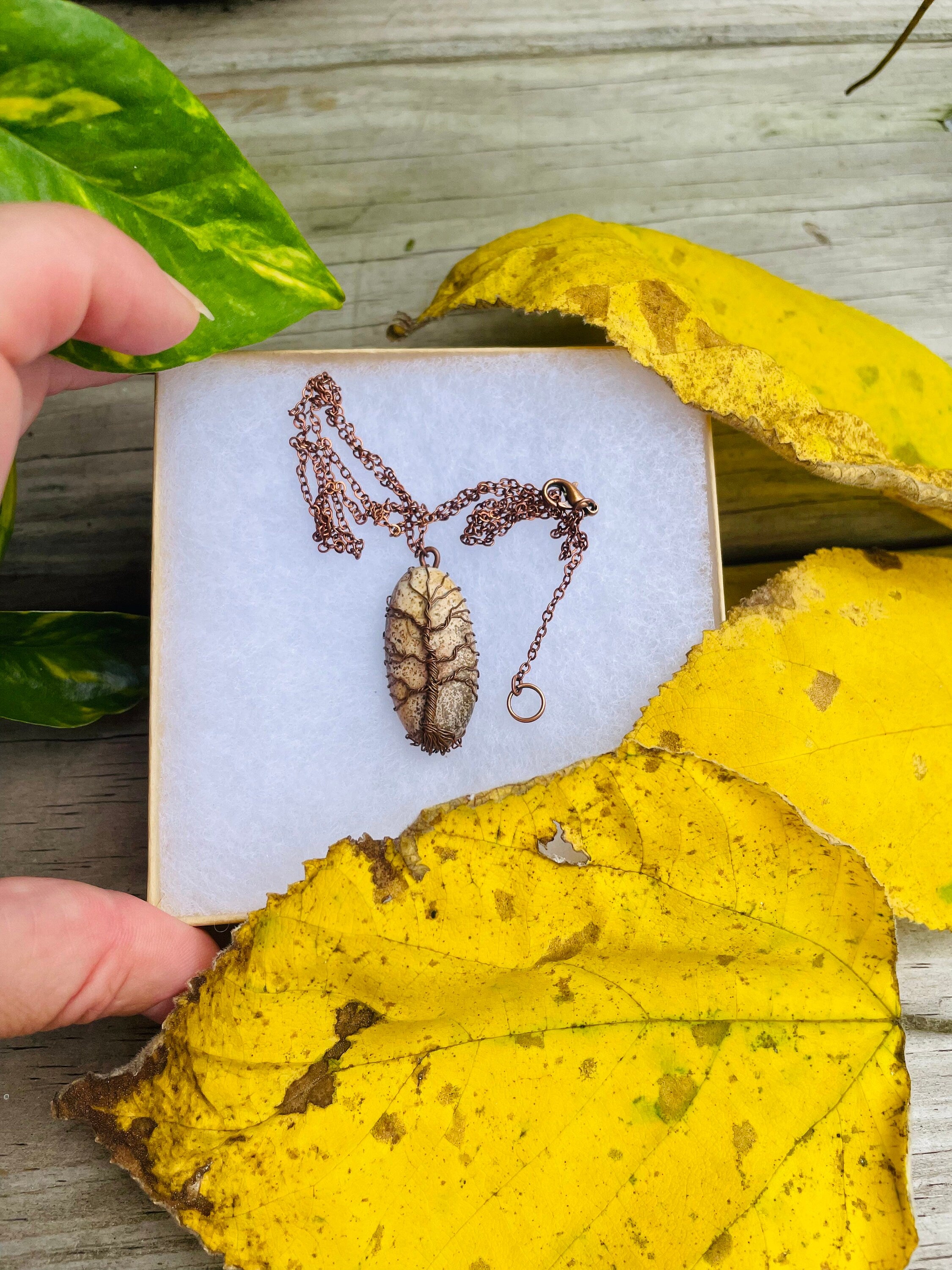 Dainty Copper Wire Wrapped Tree of Life Pendant Oval - Unique Picture Jasper Necklace for Men & Women