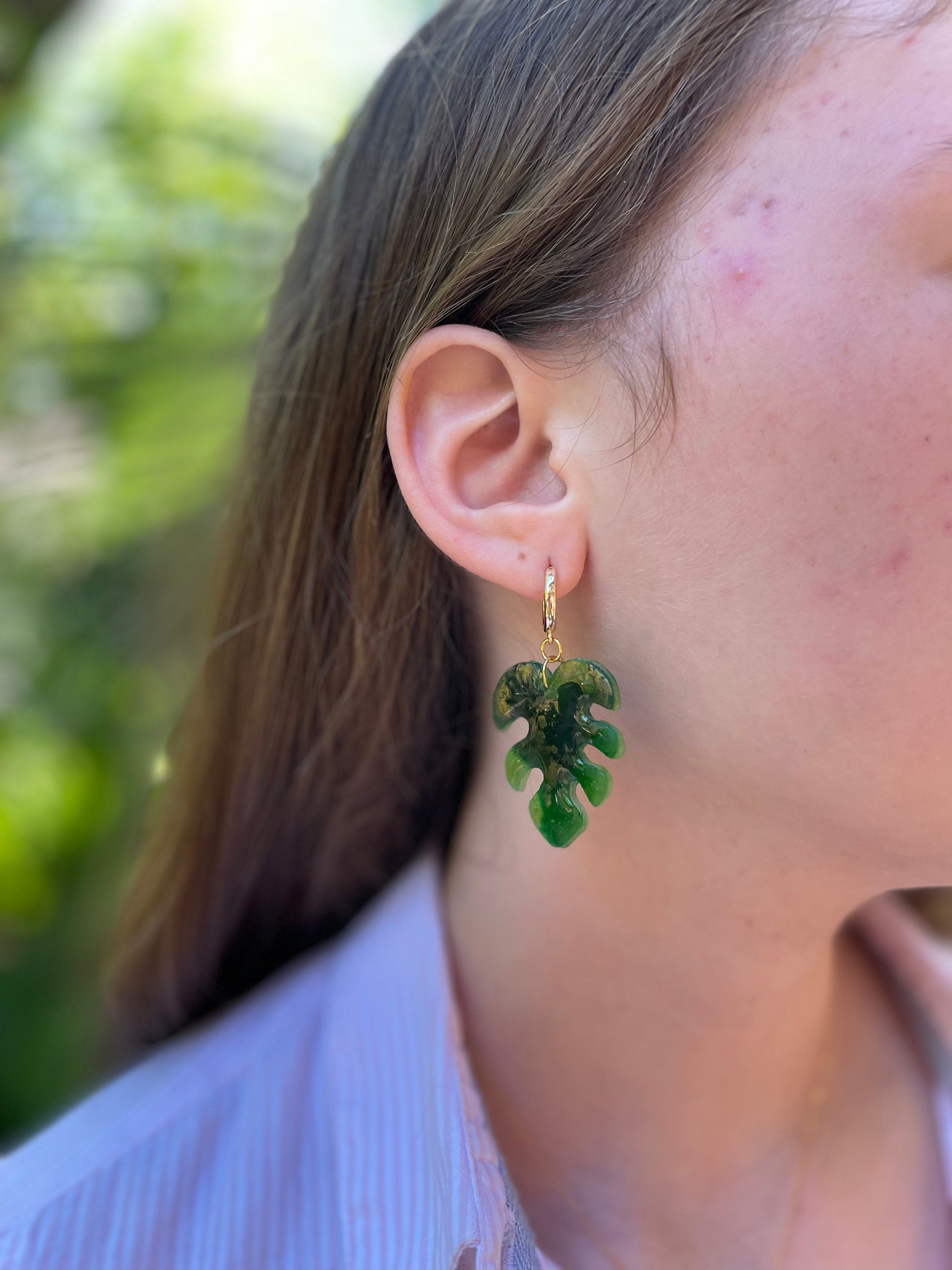 Tropical Island Style Monstera Leaf Earrings, Gold Hoop huggie earrings Cool Summer Jewelry Beach Wedding Maximalist Polymer Clay Earrings