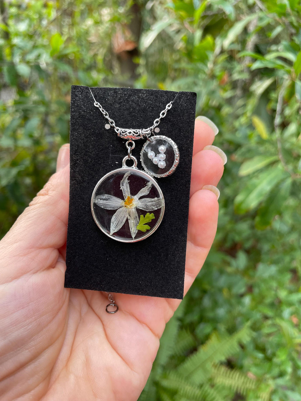 December Birth Flower Necklace: Handmade Narcissus, Personalized Initial, Pearl Resin Pendant