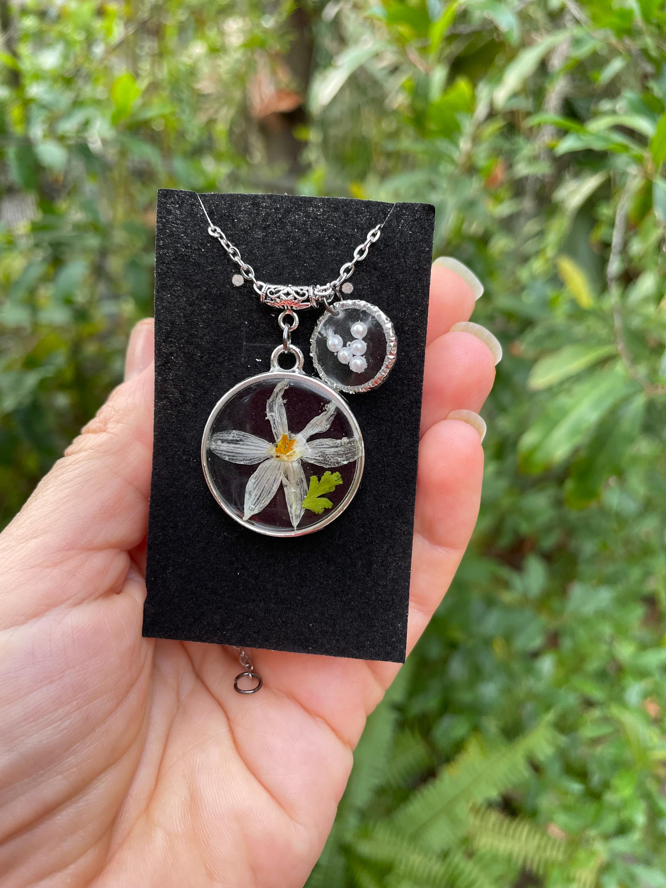 December Birth Flower Necklace: Handmade Narcissus, Personalized Initial, Pearl Resin Pendant