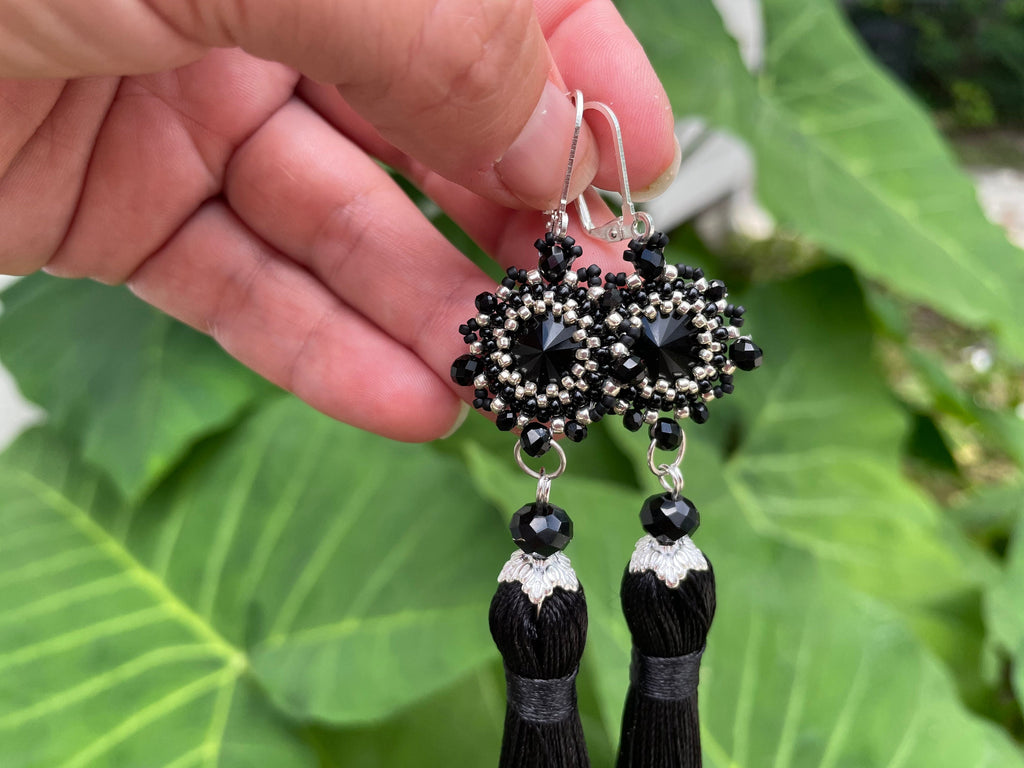 Handmade Black and Silver/Gold Swarovski Crystal Silk Tassel Chandelier Earrings for Women 3-6 inch Long Custom Tassel Color