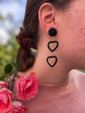 Black Beaded Heart Dangle Earrings Clip on/stud: Gothic Prom Statement Earrings