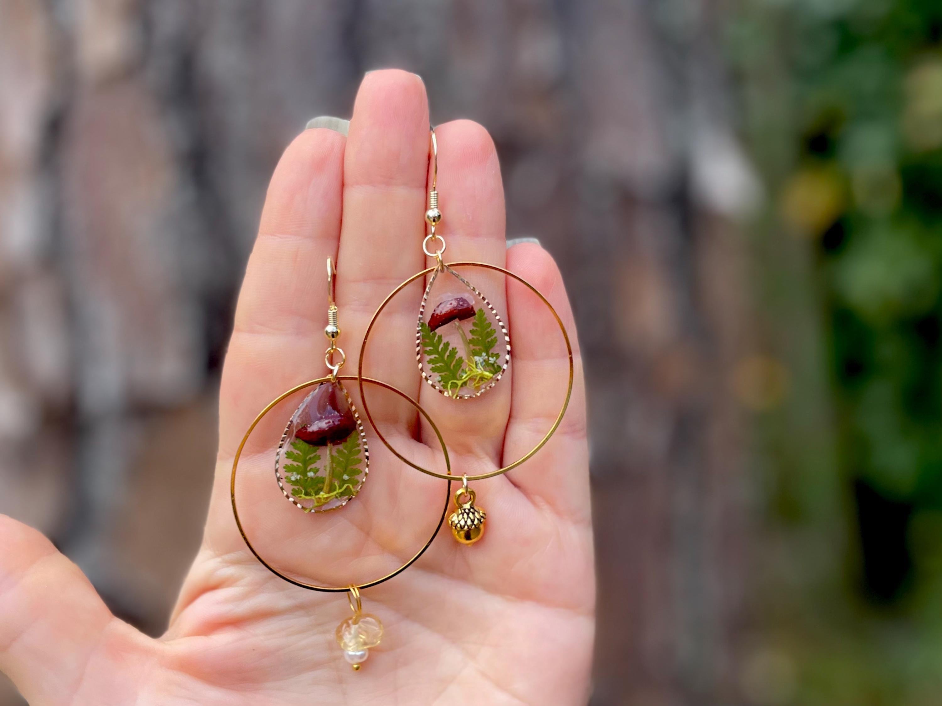 14K Gold Mushroom Terrarium Earrings Chandelier Hoops: Pearl, Acorn Charm, Personalized Birthstone