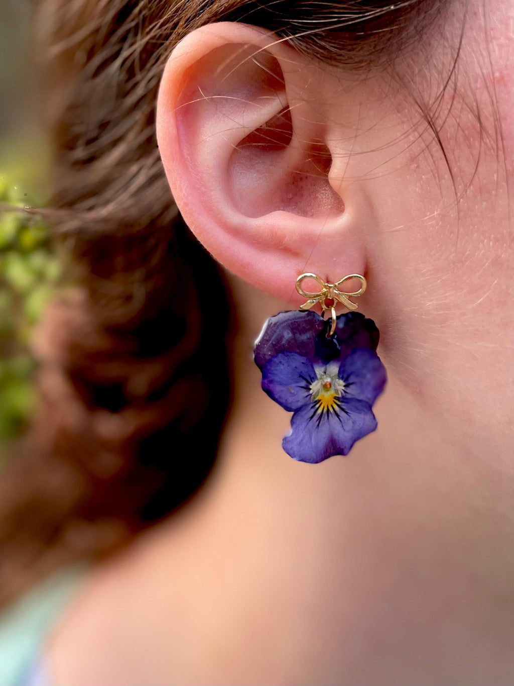 Purple Violet Flower Earrings with Gold Bow Posts | Unique Birth Month Gift for February