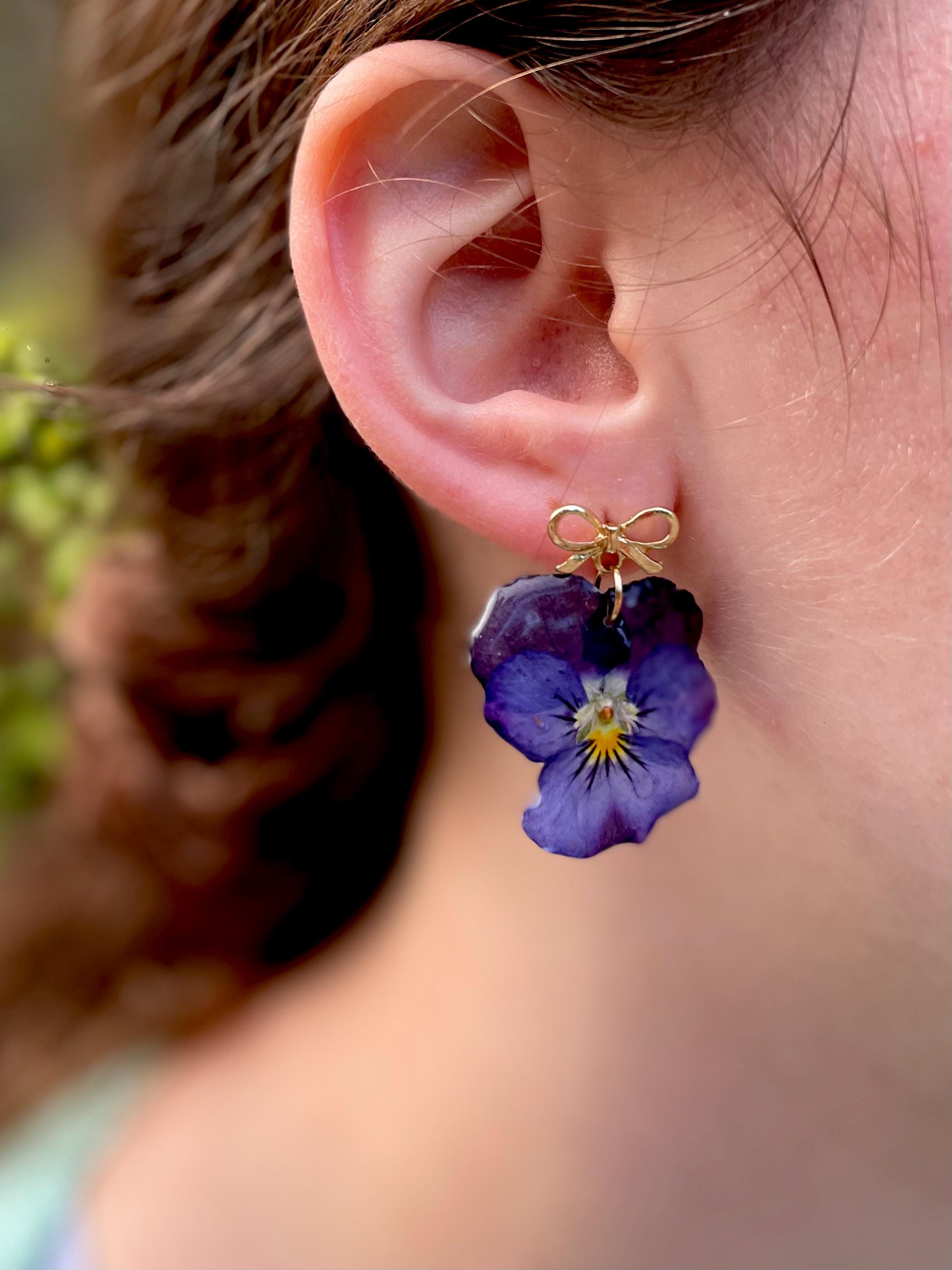 Purple Violet Flower Earrings with Gold Bow Posts | Unique Birth Month Gift for February