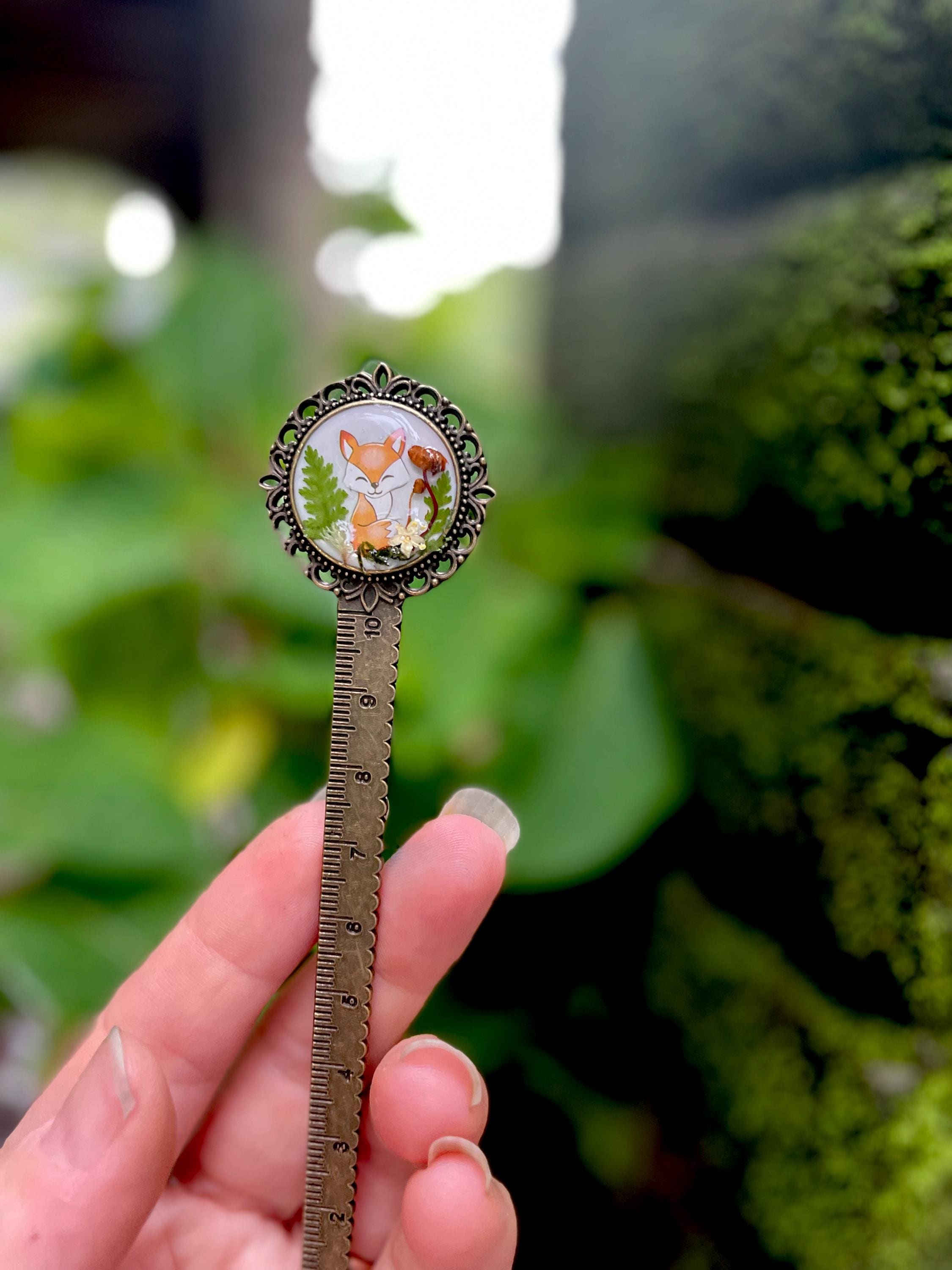 Bronze Metal Fox Bookmark with real Mushrooms Fern and Pressed Flowers - Woodland Style Bookish Gift