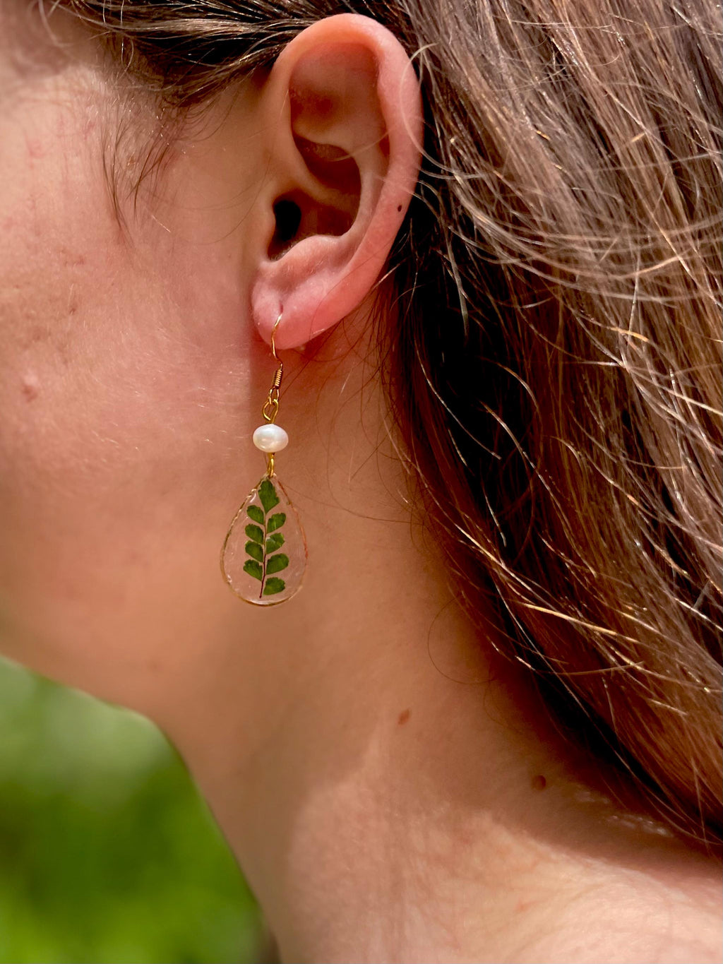 Forest Fern Earrings Pearl Handmade Real Fern Earrings Transparent Real Leaf Earrings Dangle 14K gold jewelry boho Birthday gifts for her