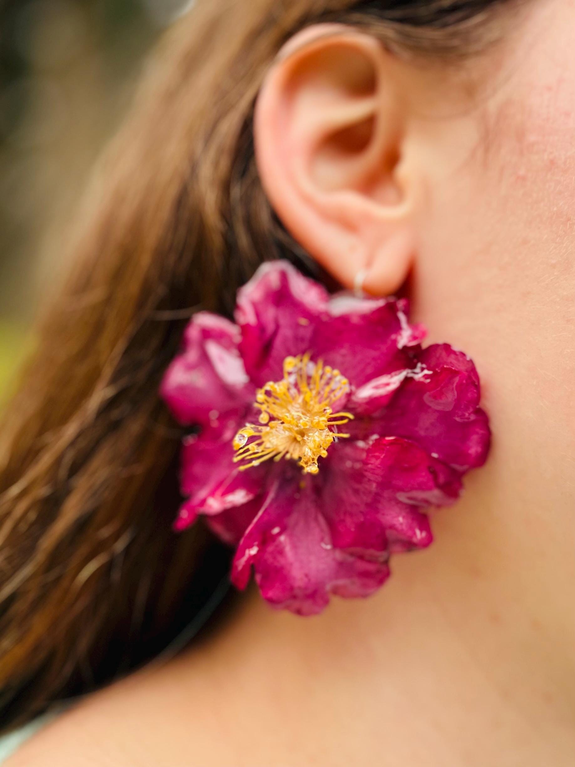 Real Camellia Flower Earrings | Unique Magenta Floral Jewelry for Pierced & Non-Pierced Ears