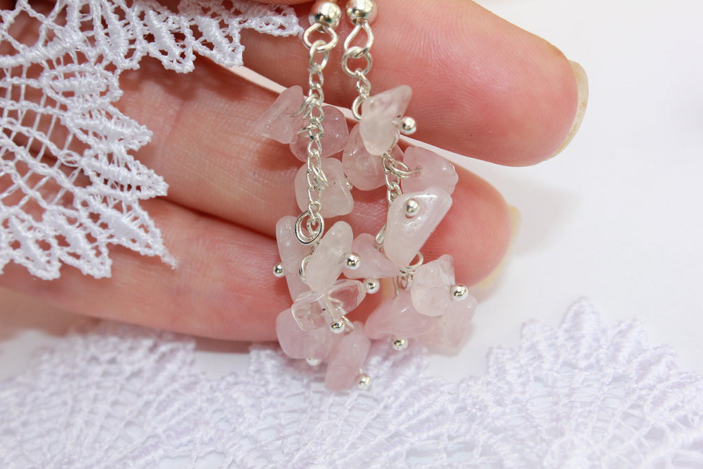 Rose Quartz October Birthstone Necklace Collar & Bridal Earrings Set: Personalized Crystal Wedding Jewelry