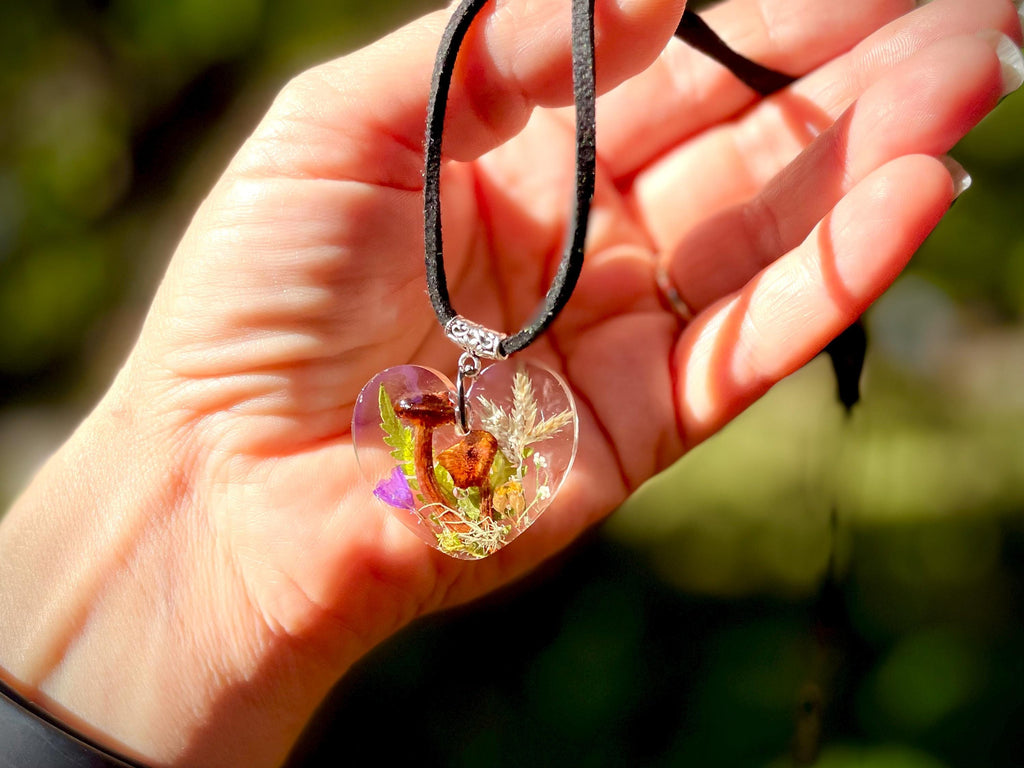 Personalized Mushroom Heart Pendant Necklace: Dried Moss Terrarium Jewelry, Custom Birthstone Choker