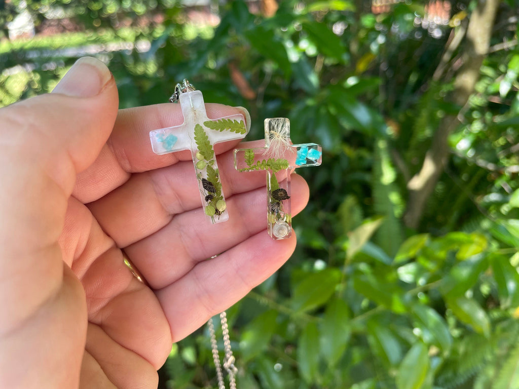 Resin Cross Pendant Necklace: Real Fern, Mushroom, Birthstone, Nature Jewelry