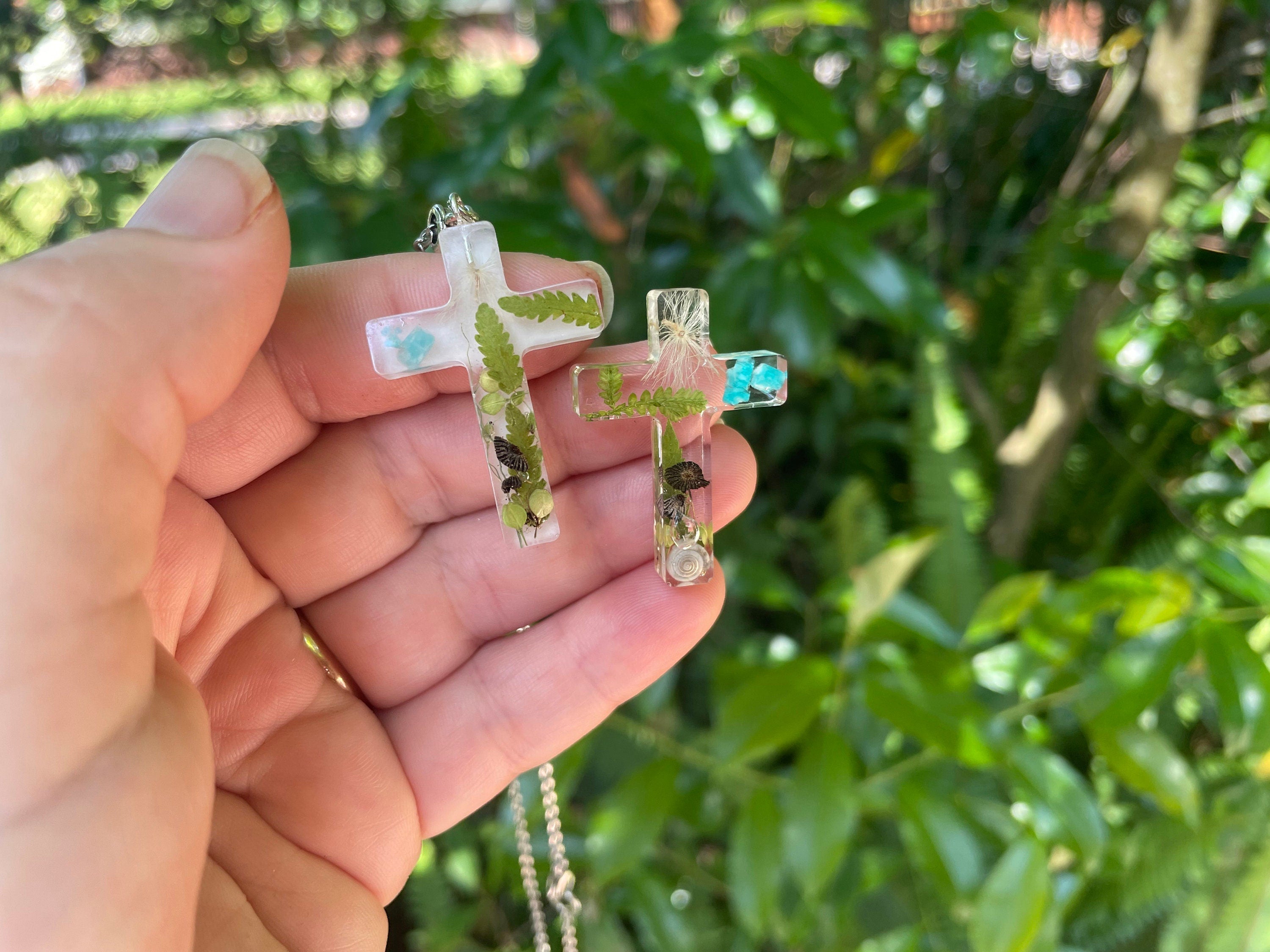Resin Cross Pendant Necklace: Real Fern, Mushroom, Birthstone, Nature Jewelry