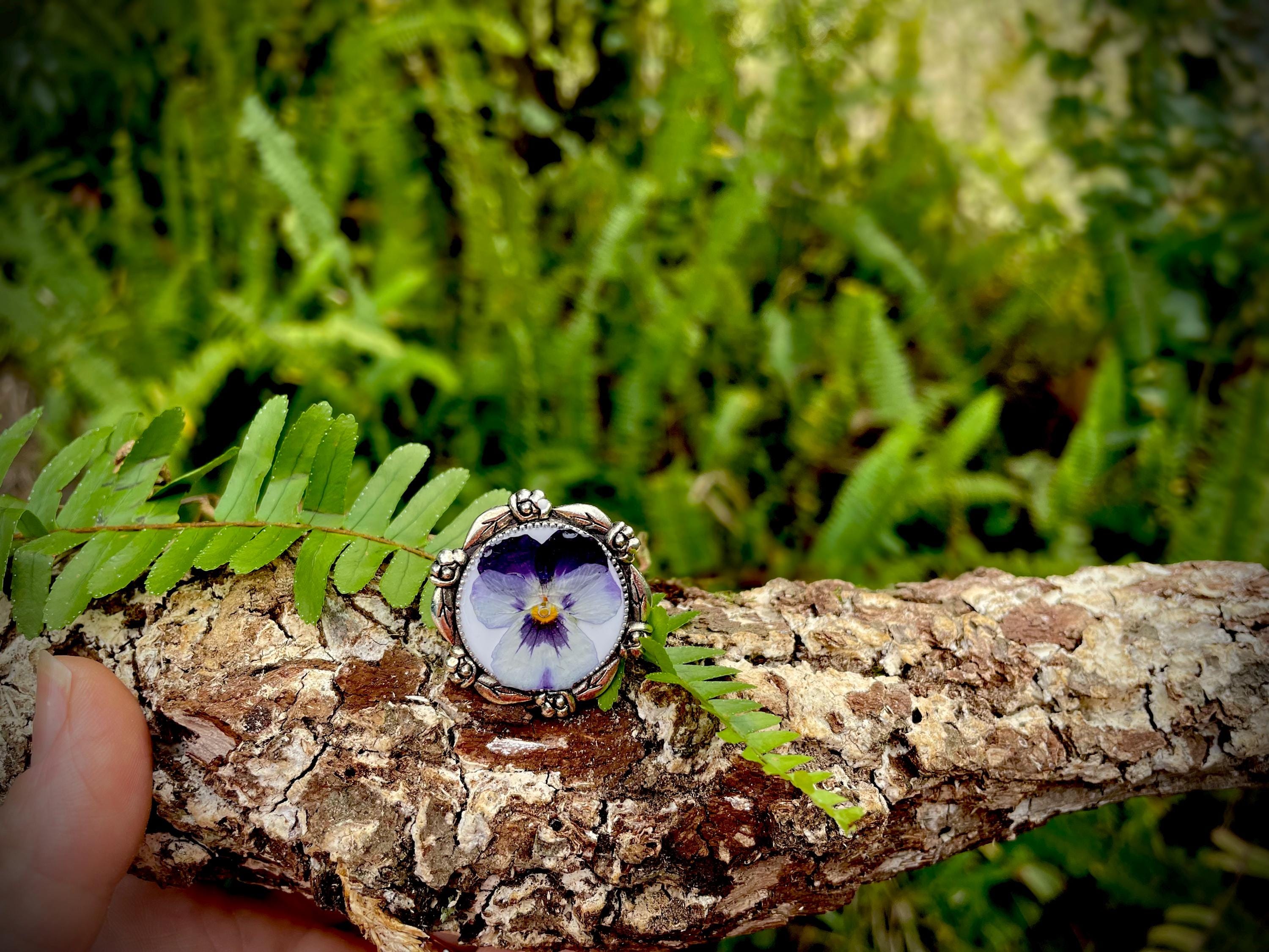 Silver Pansy Ring: Pressed Flower Cameo, February Birth Flower