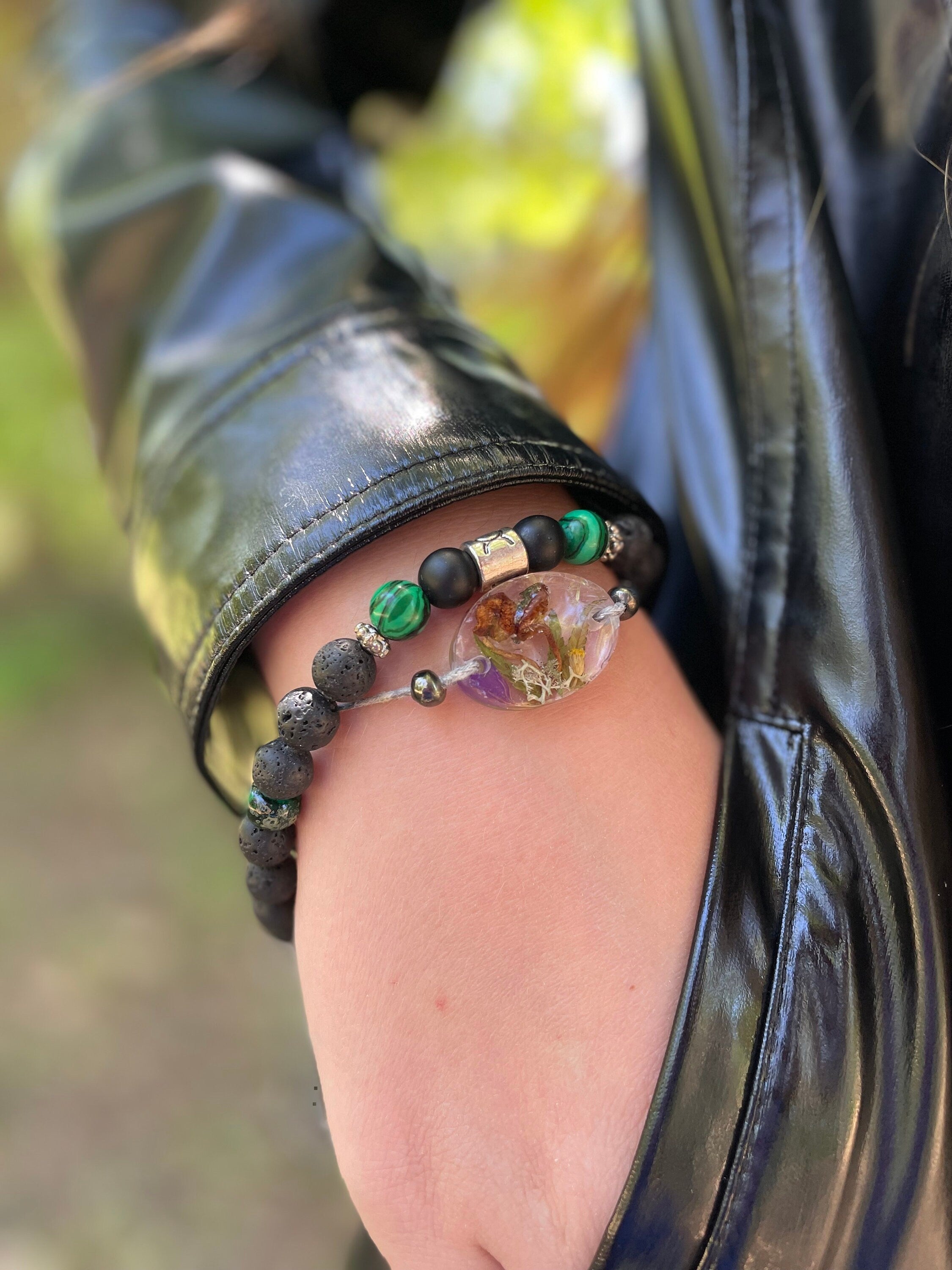 Real Mushroom Terrarium Black Leather Bracelet: Cottagecore Resin Jewelry, Birthstone Gift