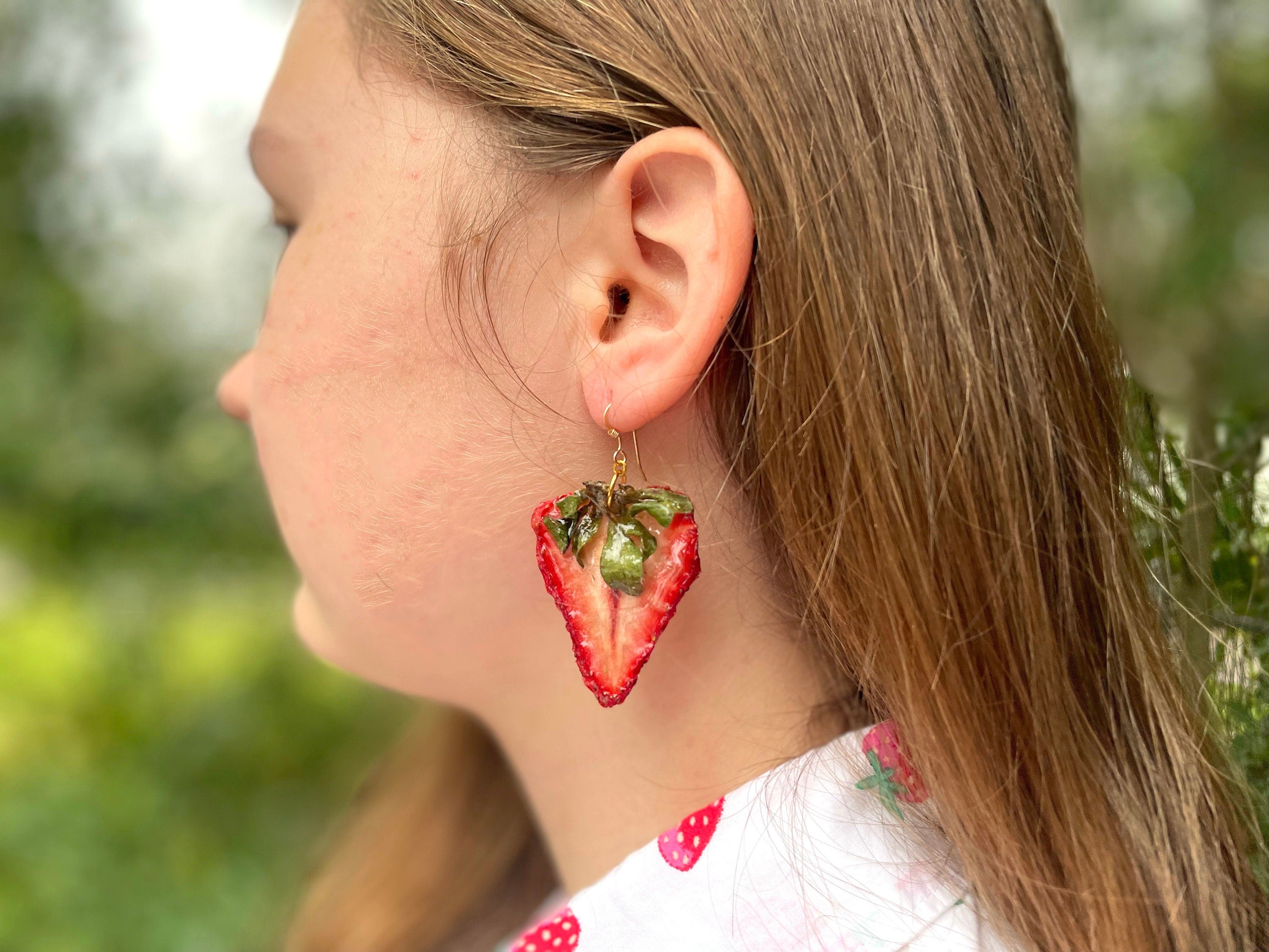 Real Strawberry Earrings Resin: 14K Gold Filled Red Fruit Jewelry for Galentine Day