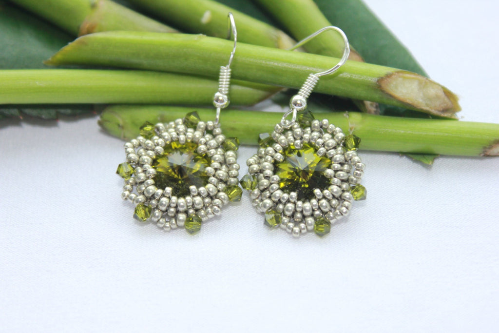 Chartreuse olive green Swarovski crystal sterling silver dangle earrings, handmade unique holiday jewelry gift boho green statement earrings