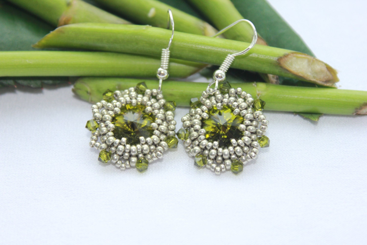 Chartreuse olive green Swarovski crystal sterling silver dangle earrings, handmade unique holiday jewelry gift boho green statement earrings