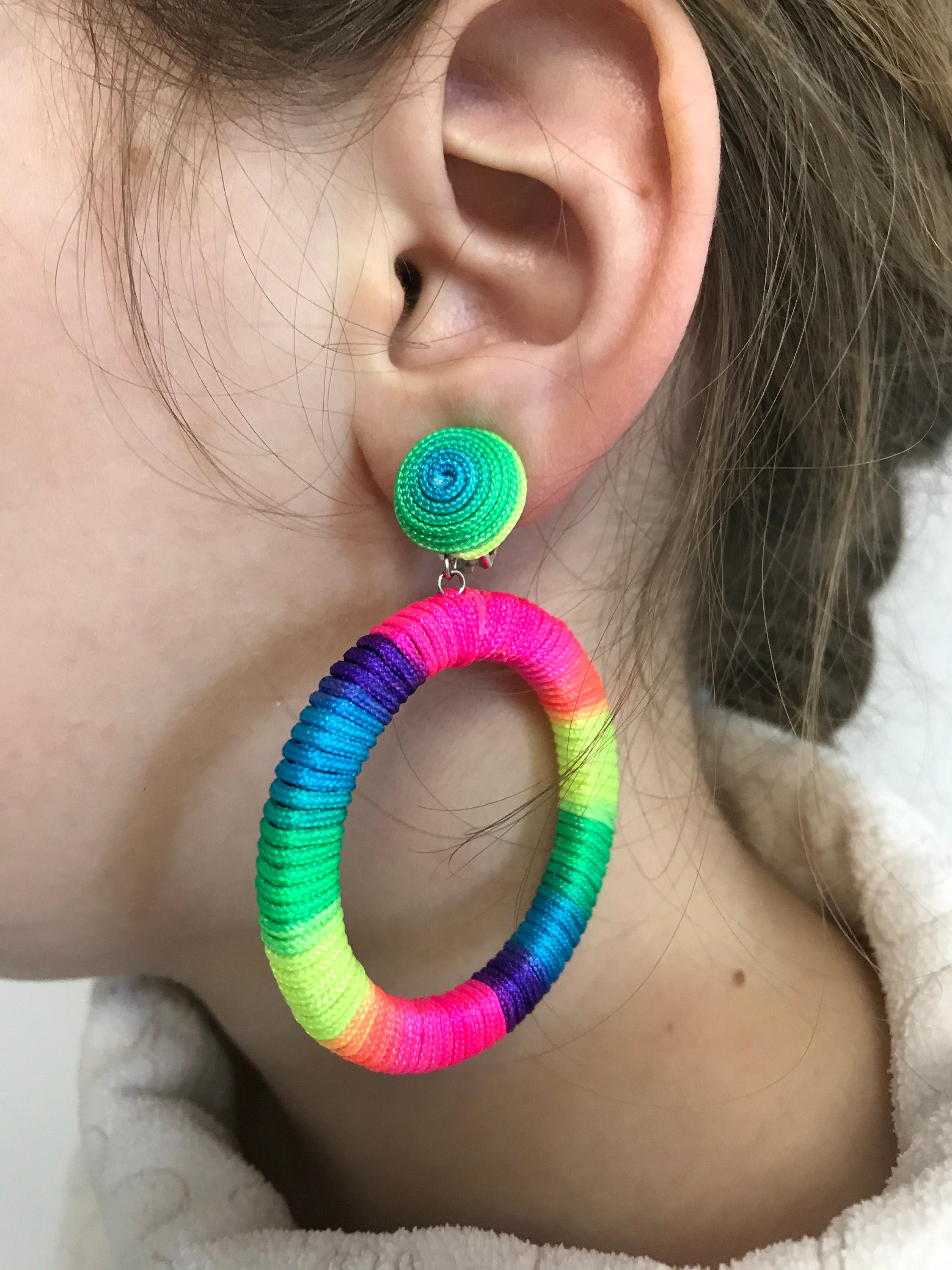 Rainbow colorful Oversize hoop earrings, big hoops clip on, statement laser cut wooden studs~trendy fashion jewelry, Christmas gifts for mom